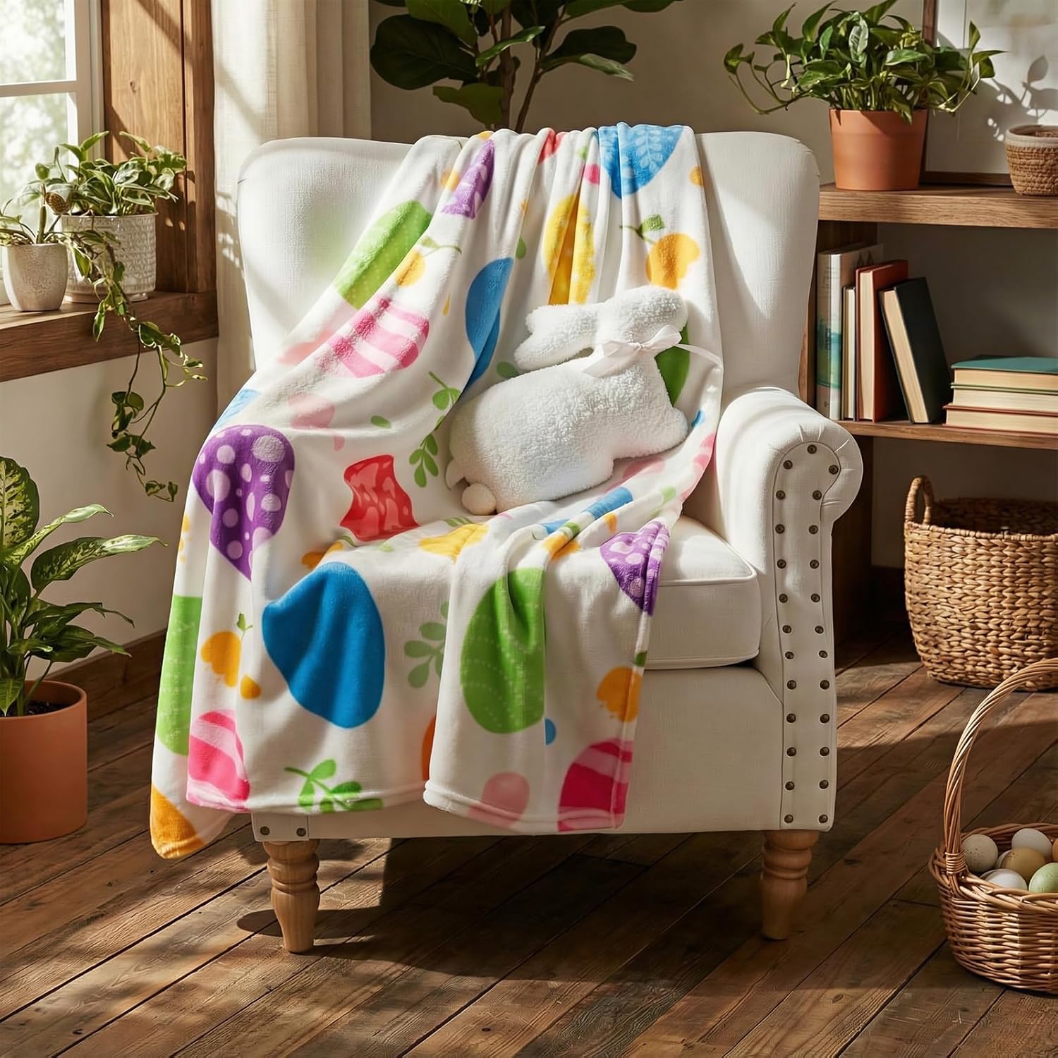 SmoothNovelty 2 Pcs Easter Plush Throw Blanket and Pillow Set, 40 x 50 Inch Soft Easter Eggs Flannel Blanket Fluffy Bunny Stuffed Pillow Cushion Gifts for Boys Girls Teens Bedroom Decor