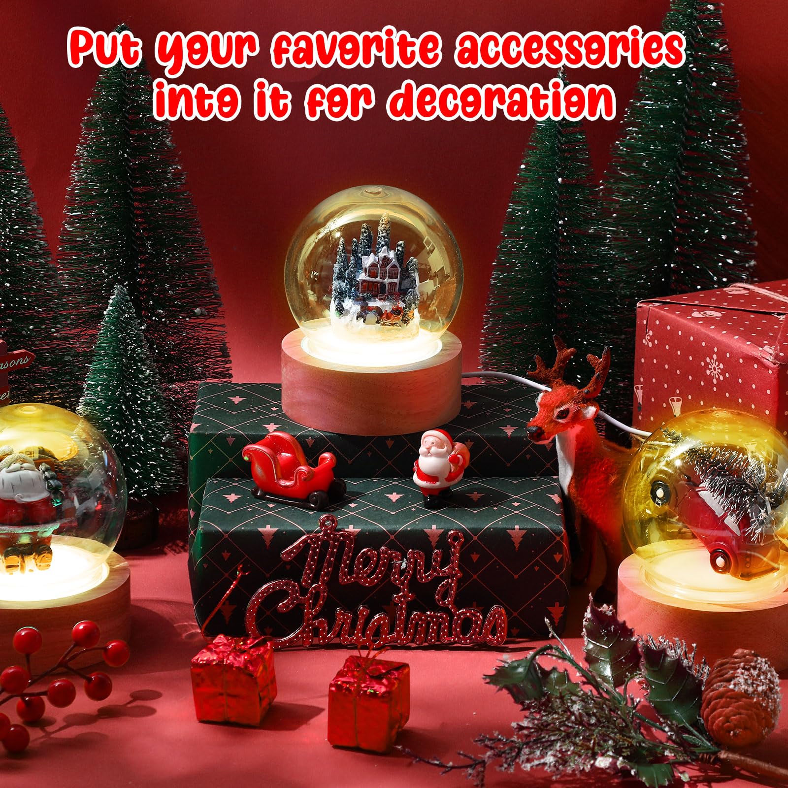Irenare Kit di 12 sfere di neve fai da te, 6 sfere di neve con 6 luci a LED, base in legno trasparente, cupola in plastica trasparente, per decorazioni natalizie, souvenir, piante, terrario (base in