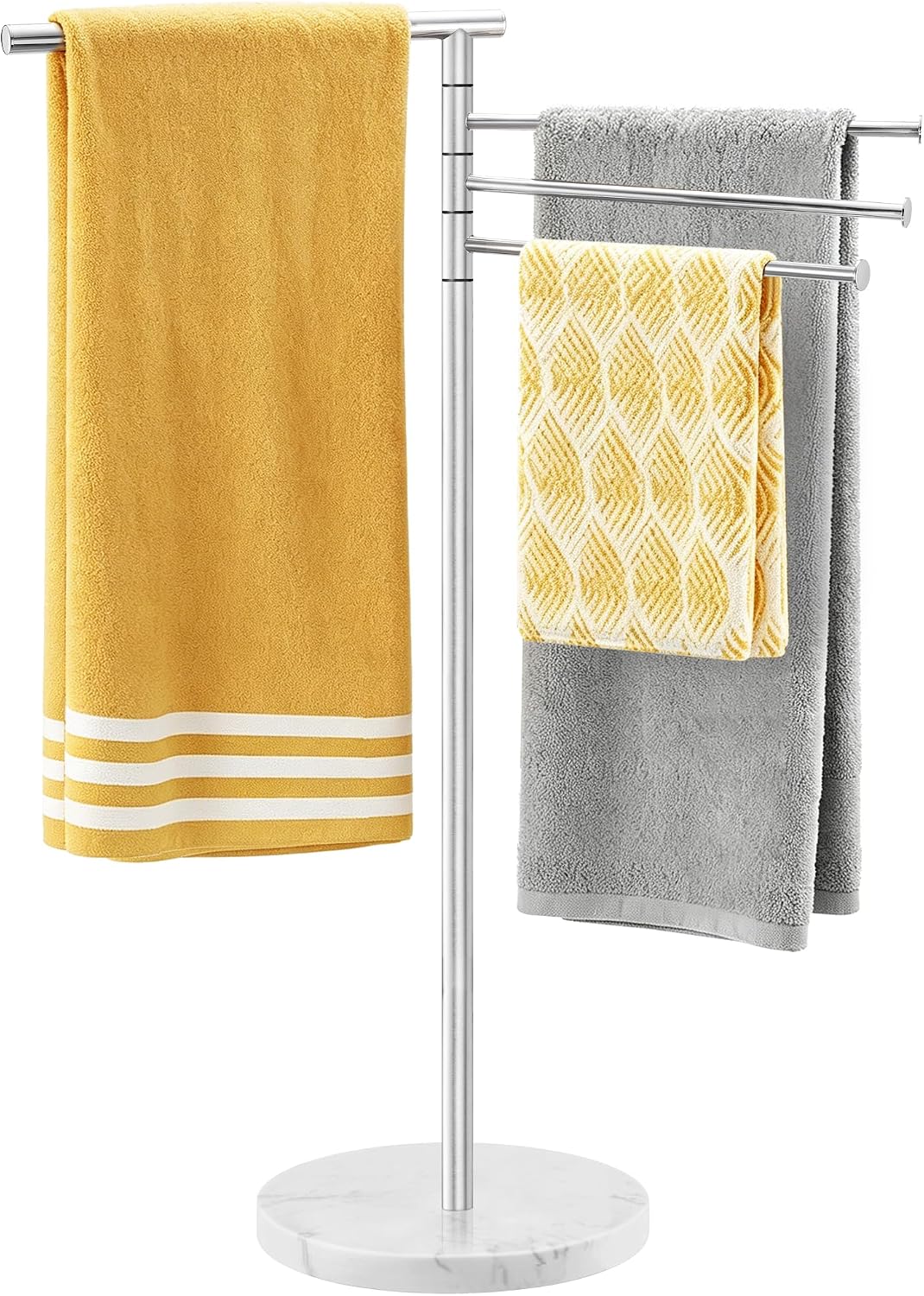 39 Inch Tall Towel Racks for Bathroom, Freestanding Towel Drying Rack with Weighted Marble Base, Rustproof Stainless Steel, 4 Swivel Arms, Nickel, YOFOVI