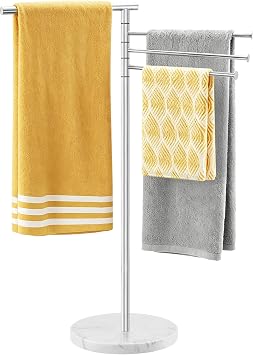39 Inch Tall Towel Racks for Bathroom, Freestanding Towel Drying Rack with Weighted Marble Base, Rustproof Stainless Steel, 4 Swivel Arms, Nickel, YOFOVI