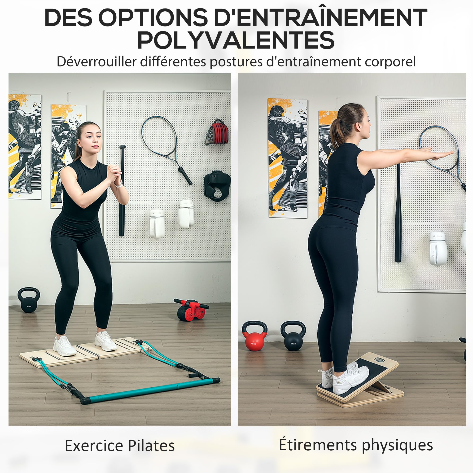 SPORTNOW Zestaw drążków do pilatesu i 6 pasków oporowych z regulowaną deską nachyloną, sprzęt treningowy Pilates do domu, niebieski