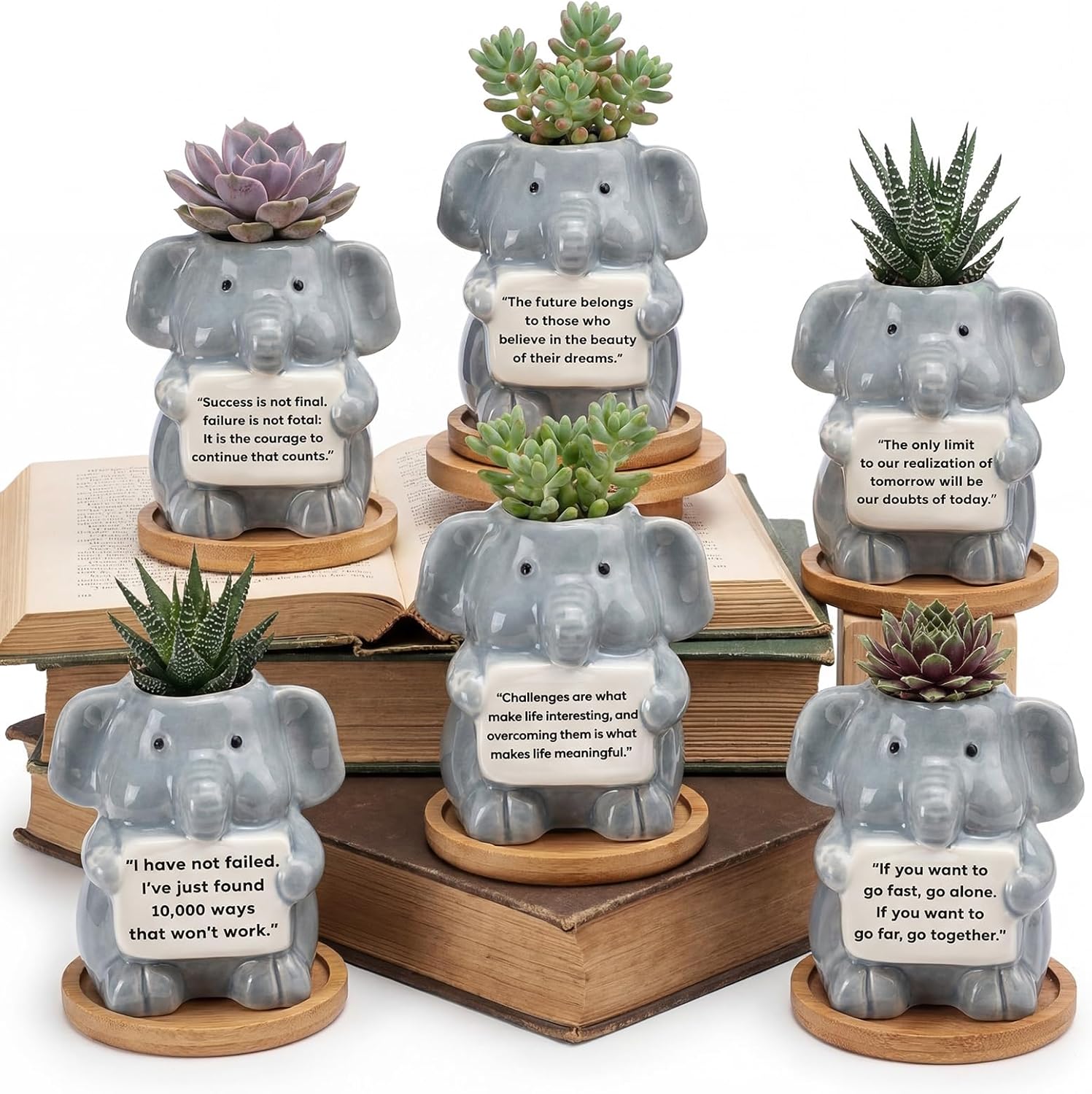 6 Pack 2.95 Inch Cute Elephant Ceramic Succulent Planter Pots with Drainage Hole Mini Inspirational Flower Planter Tiny Cactus Pot for Indoor Outdoor Plant Encouragement Gift for Women Men