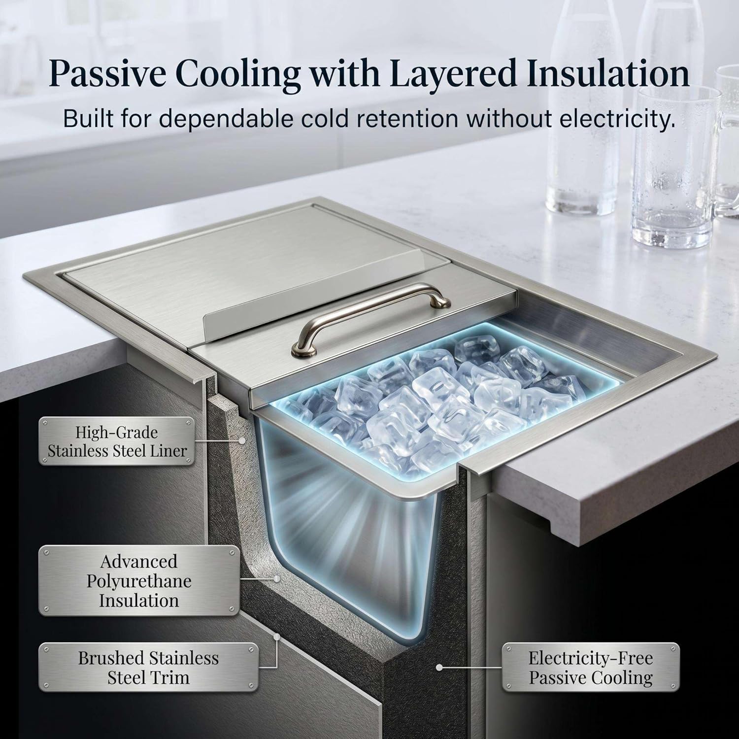 52 Quart Drop in Ice Chest, Ice Bin with Lid for Outdoor Kitchens Patio Bars Pool Side Service Hotel Buffets Restaurant Operations, 24 Hour Ice Retention Ice Storage with Drain Plug