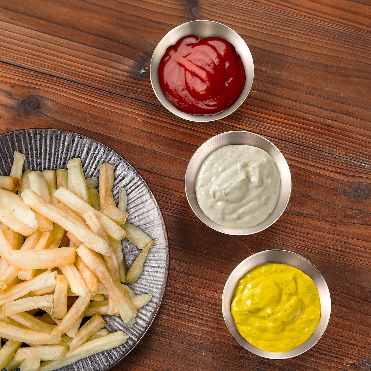 Sauce Cups 3oz 24 Pieces Two-tone Stainless Steel. Reusable Stackable Portion Containers for Sampling, Salad Dressing Sides or Dipping Sauces. Small Ramekin for Restaurant, Catering or Deli.