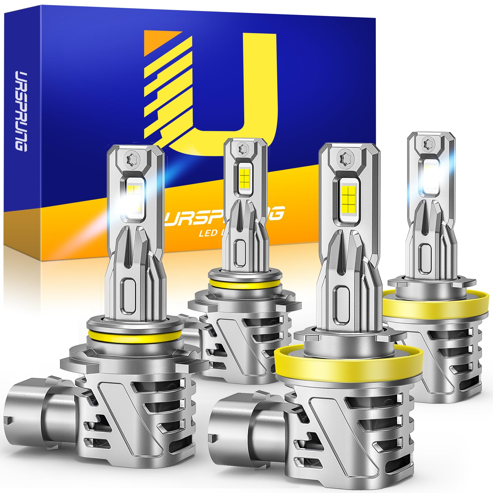 UrsprungH11/H9/H8 9005/HB3 Fog Bulbs Combo, 800% Higher Brightness, 1:1 Real Size H11 9005 Fog Bulbs, 6500K with Cooling Fan, 3-Min Plug-N-Play H11 9005 for Car Powersports ATV/UTV, Pack of 4