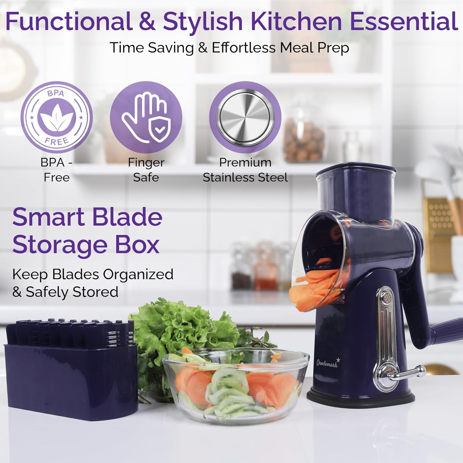 Cheese Grater with Handle, 5 in 1 Rotary Vegetable Shredder with 5 Replaceable Blades & Strong Suction Base, Rotary Grater for Cheese, Veggies & Nuts, Includes Storage Box