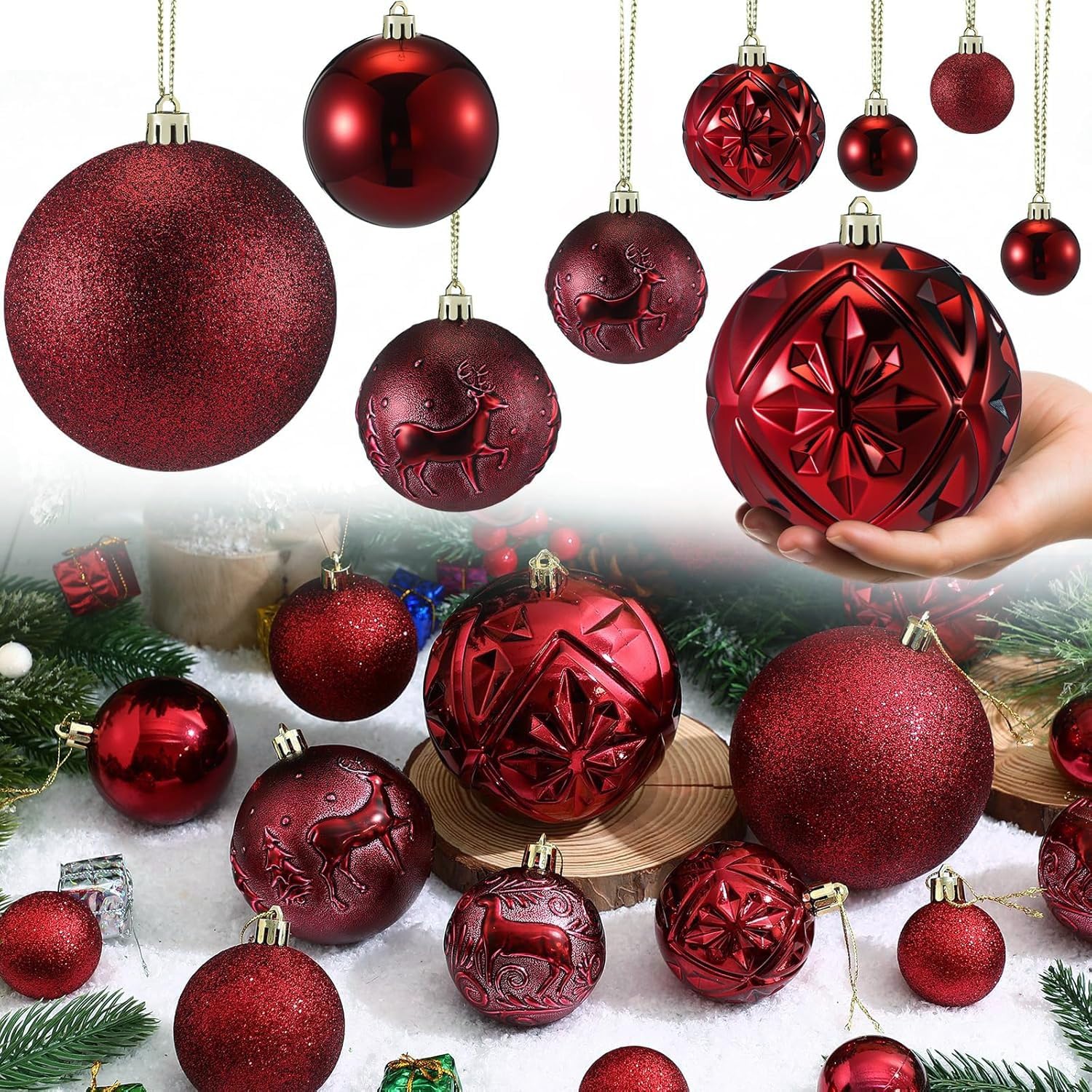 Soulchen 32-teiliges burgunderrote Weihnachtskugeln-Set, bruchsichere Weihnachtskugeln, sortiert, galvanisiert, Weihnachtsdekorationen für Weihnachten, Urlaub, Party, Hochzeit, Heimdekoration, 4 Stile