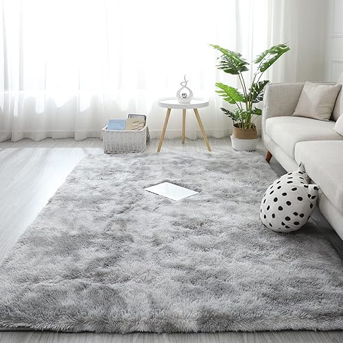 TEWWET Fluffy Rugs for Bedroom 5x7, Soft Shaggy Bedroom Rug, Fuzzy Plush Area Rugs for Dorm Living Room Kids Room, Non-Slip Indoor Floor Accent Area Carpet（Grey）