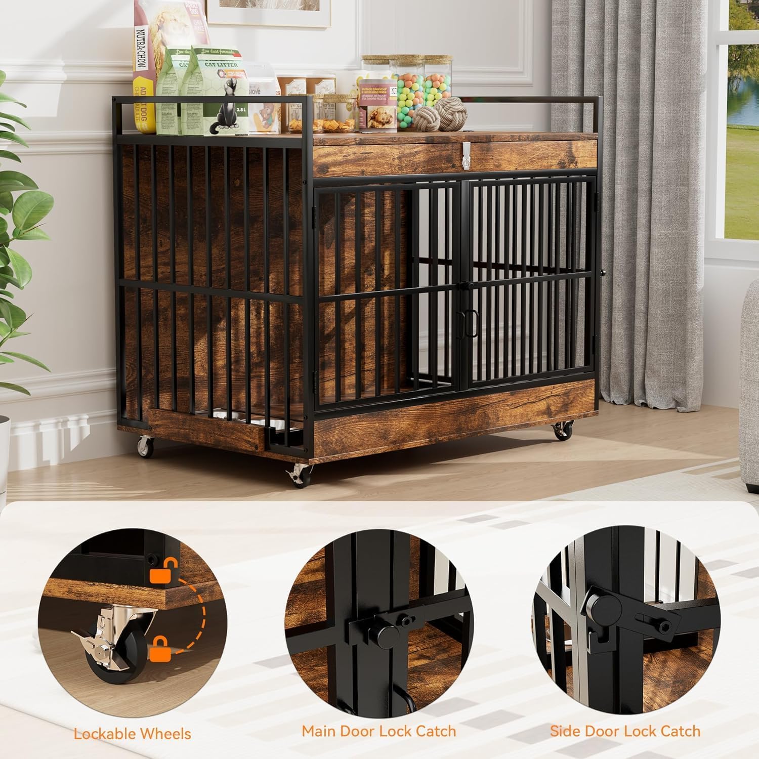 45 Inch Dog Crate Furniture for Large Dog with 2 Stainless Steel Bowls, Heavy Duty Dog Kennel Indoor, Large Wooden Dog Crate Table for Decorate House As TV Stand, End Table