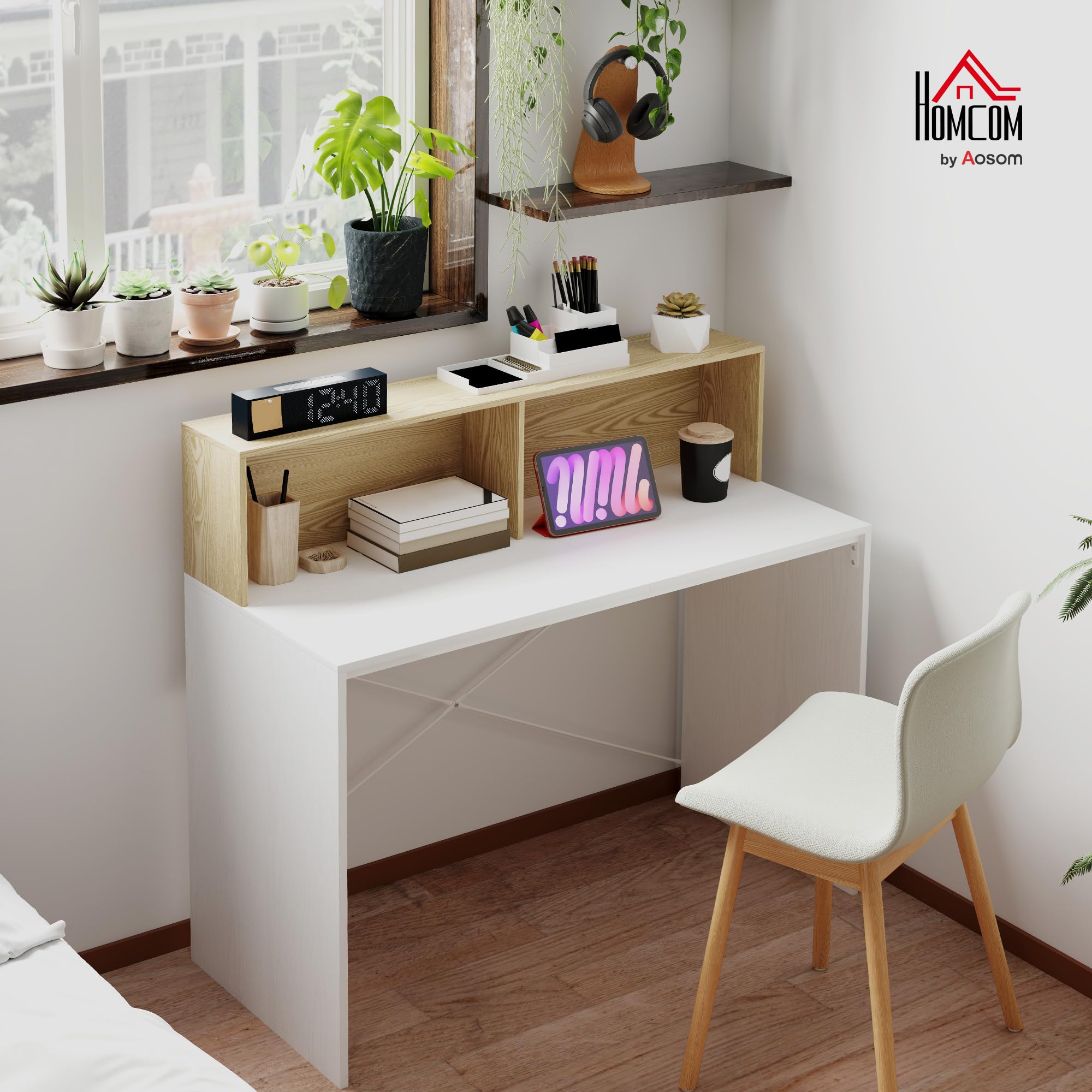 HOMCOM Escritorio con Estante, 110x50x102,6 cm Blanco y Madera Natural