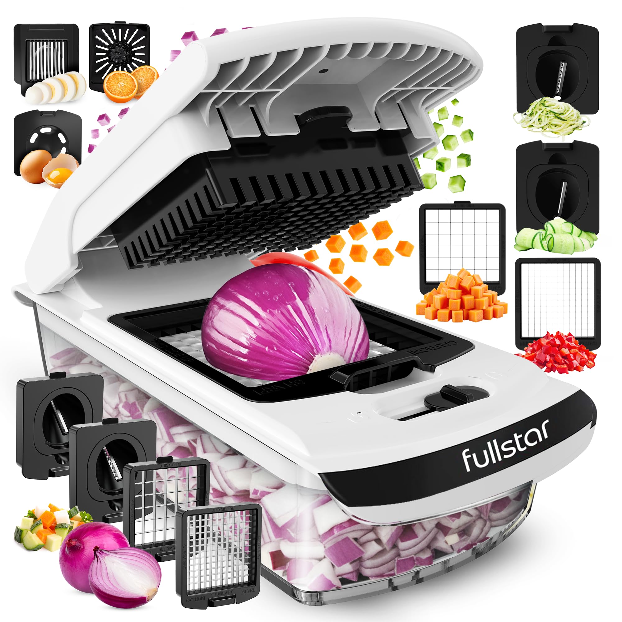 fullstar Vegetable Chopper - Spiralizer Vegetable Slicer - Onion Chopper with Container - Pro Food Chopper - Slicer Dicer Cutter - (8 in 1, White)