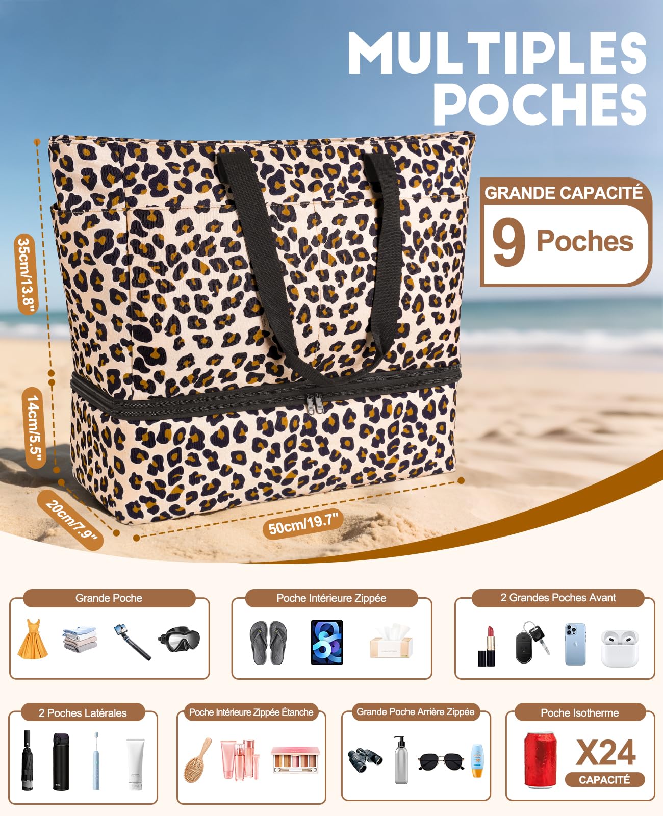 ISEYOU Sac de Plage XXL, Grand Sacs de Plage Femme avec Démontable Sac Isotherme, Multi-Poches Pliable Imperméable Sacs Plage avec Fermeture Éclair pour Piscine Voyages Vacances Pique-nique Gym 49L