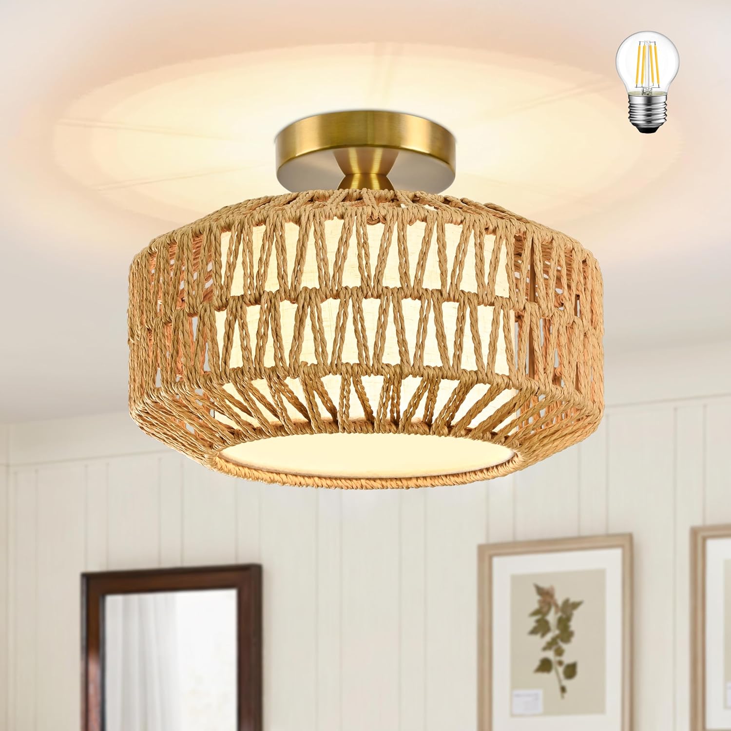 12.6 inch Natural Rattan Ceiling Light Fixture Boho Ceiling Light Hand-Woven Rattan Chandelier Fabric Shade Boho Chandelier for Dinning Room Kitchen (Bulb Incl.)