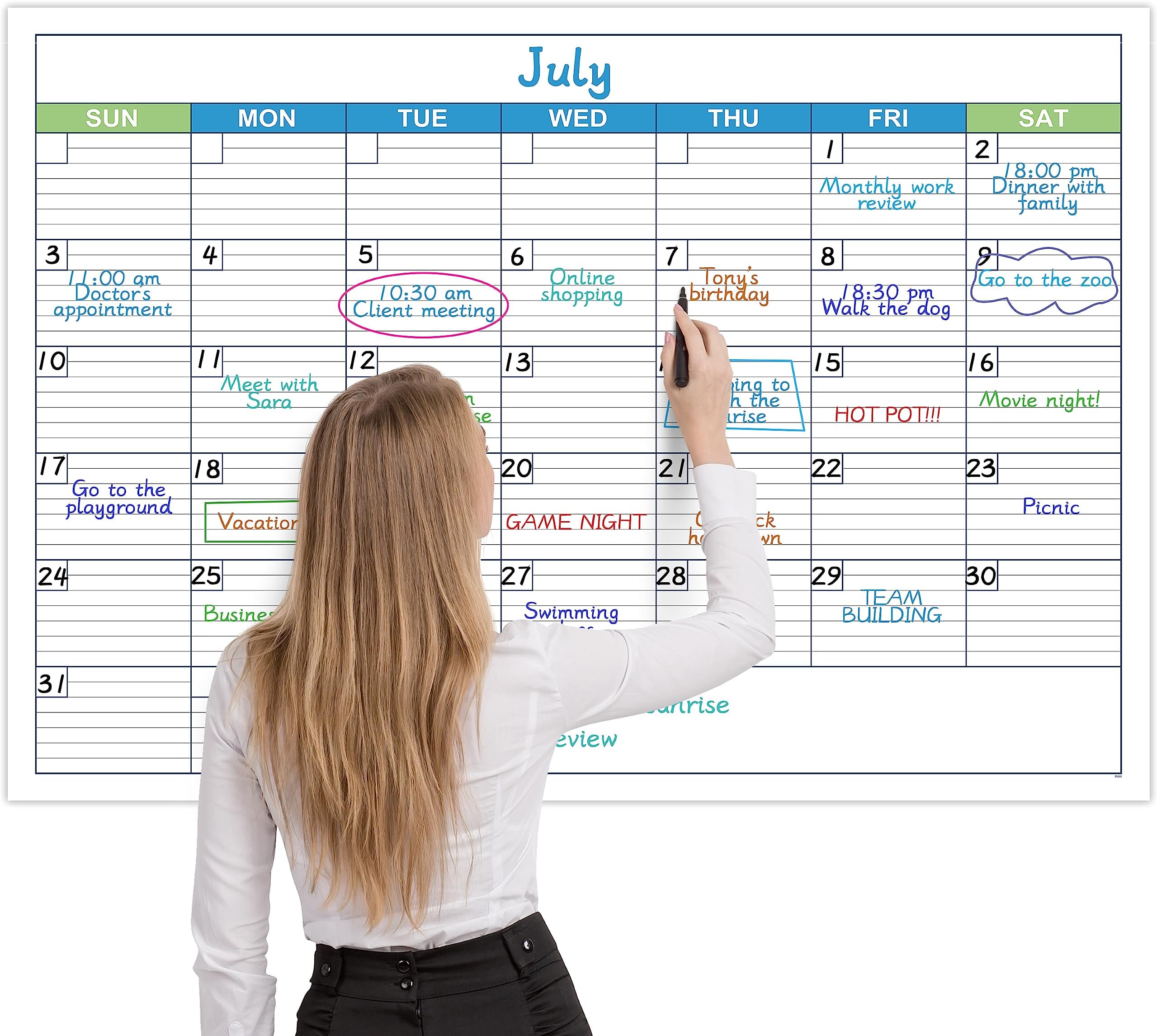 Large Dry Erase Calendar - Undated Monthly Dry Erase Calendar for Wall, 40" x 28", Erasable & Reusable Laminated Dry Erase Wall Calendar with 8 Round Stickers, Large Space for Office, School, Home