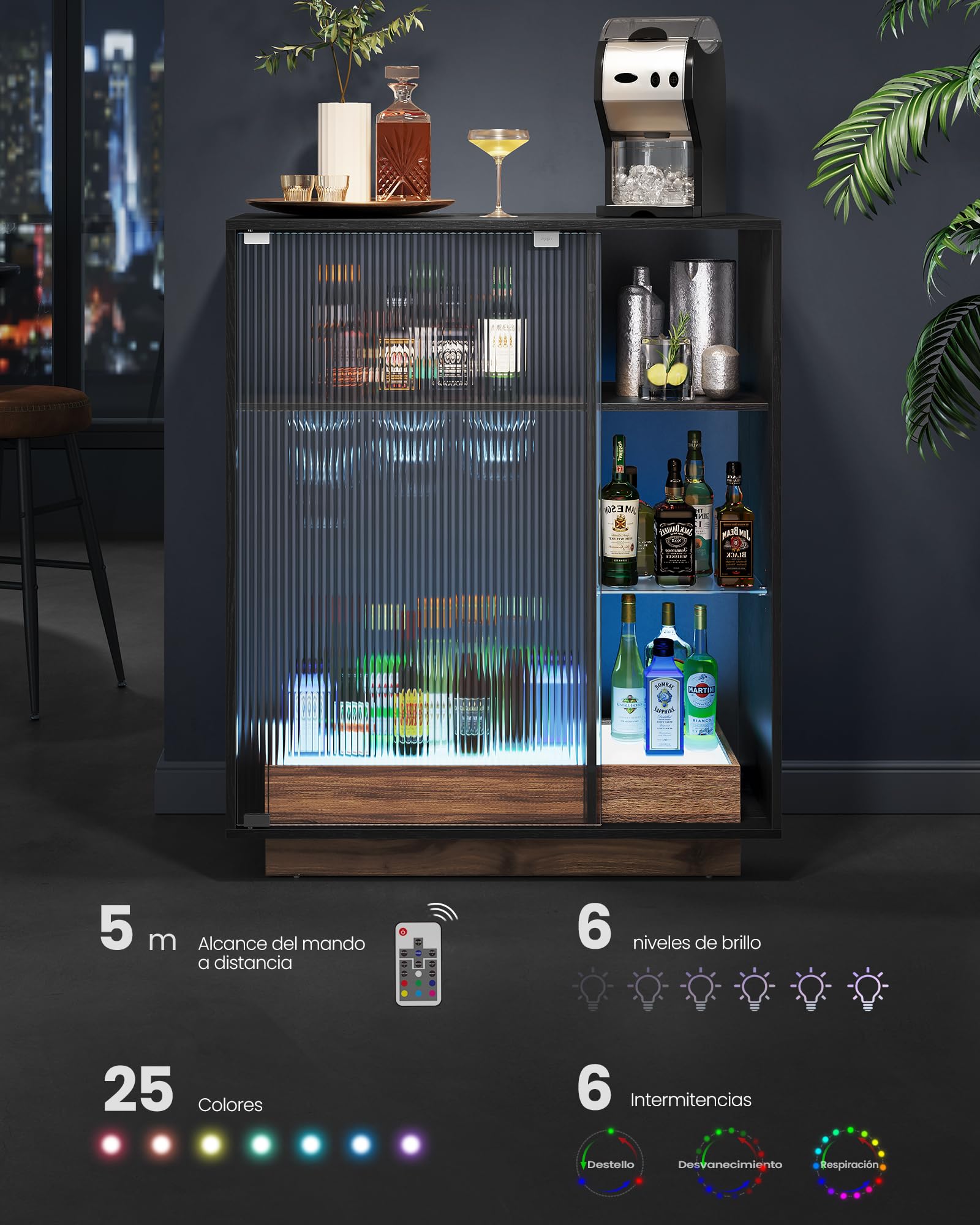 VASAGLE Aparador, Armario Bar Vino con Luces LED, con Almacenaje para Vino, Bar Café Licor, con Portavasos, Puerta de Vidrio Acanalado, para Sala de Estar, Negro Ébano BBK361B21