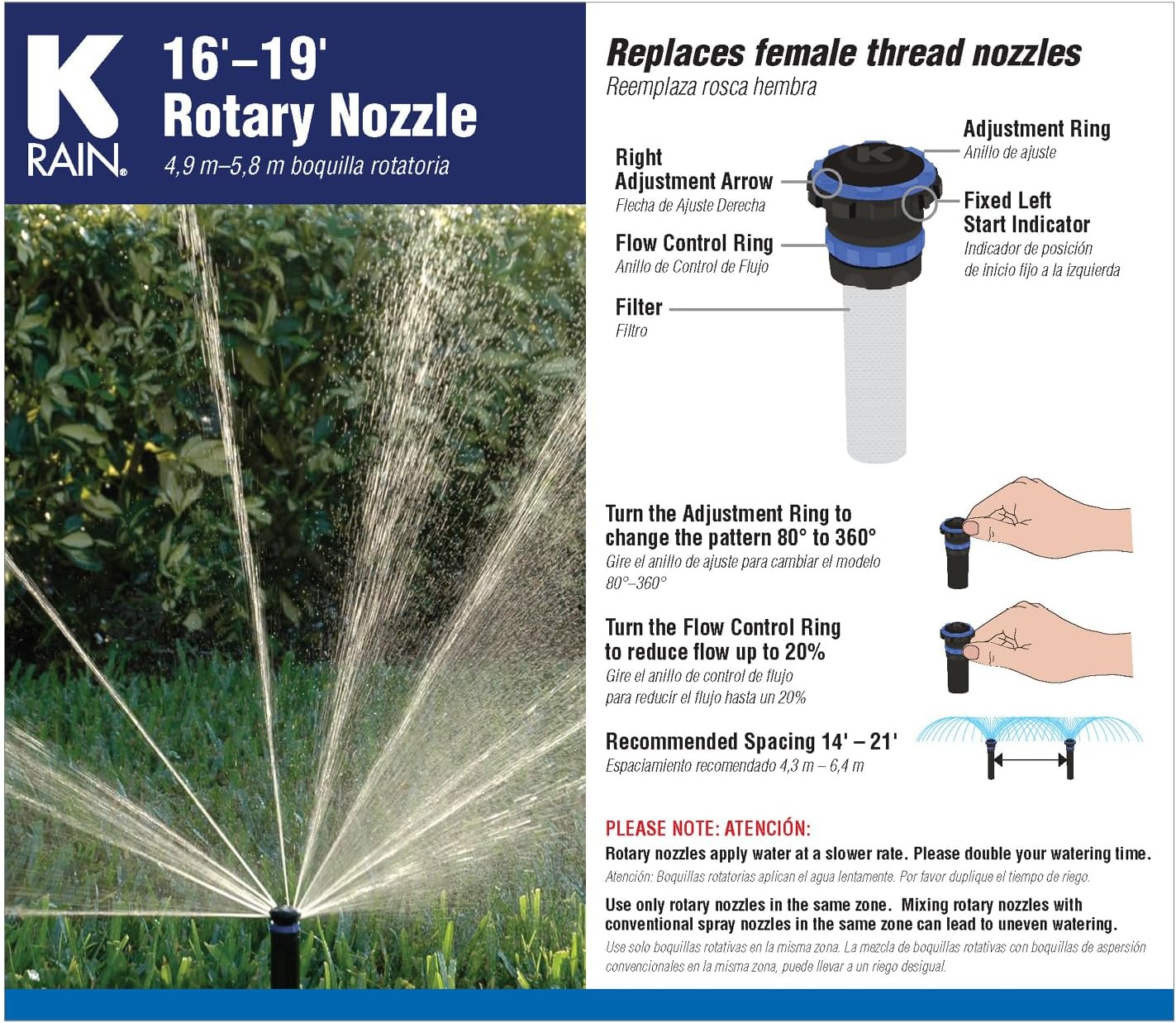 K Rain 80°-360° Adjustable Rotary Nozzle 16'-19', 6 Pack