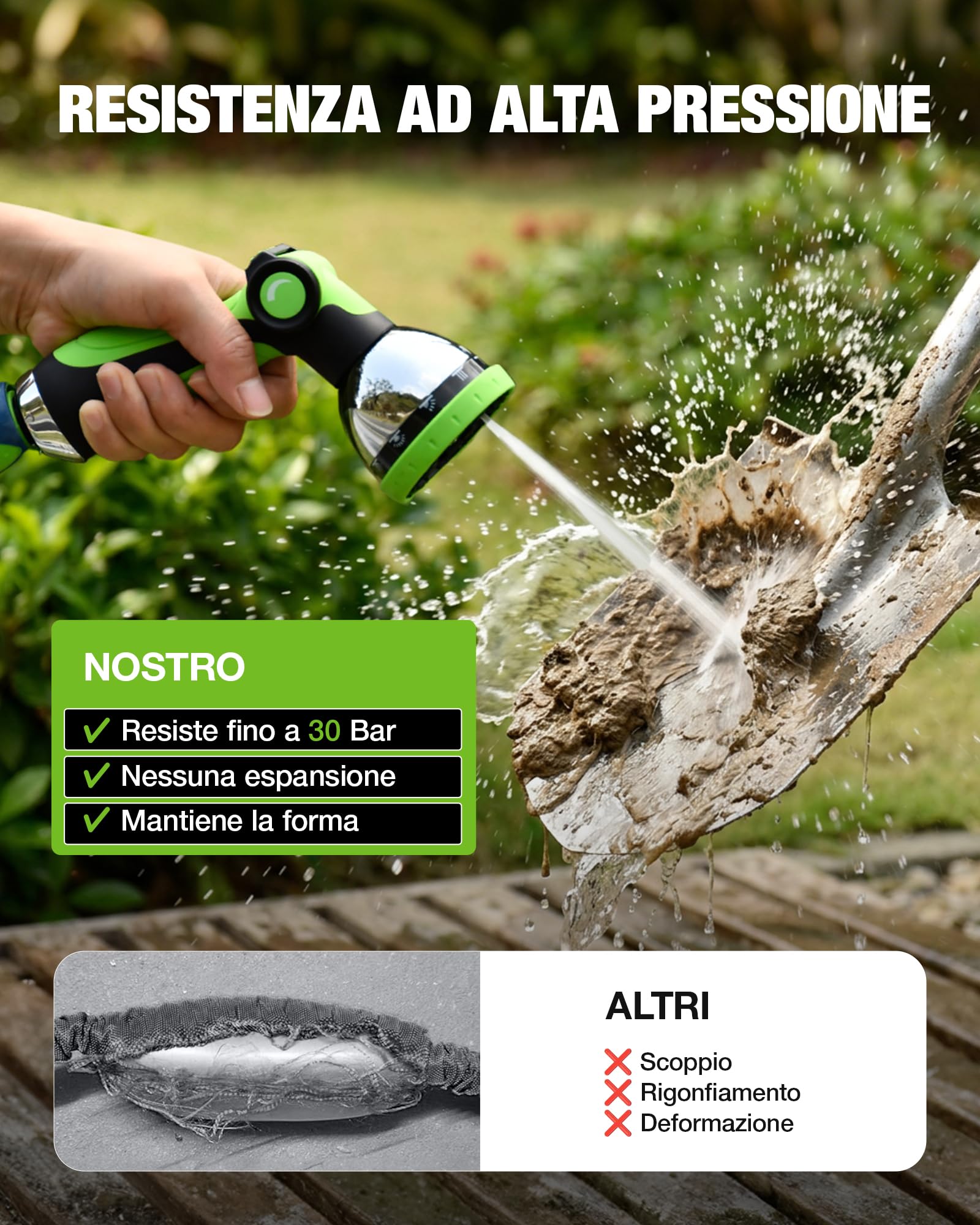 RAINPOINT Tubo da Giardino Flessibile 30m, Tubo Acqua Leggero in TPE, Tessuto Oxford 800D, 30 Bar, Pistola 10 Funzioni, Raccordi 1/2" e 3/4"