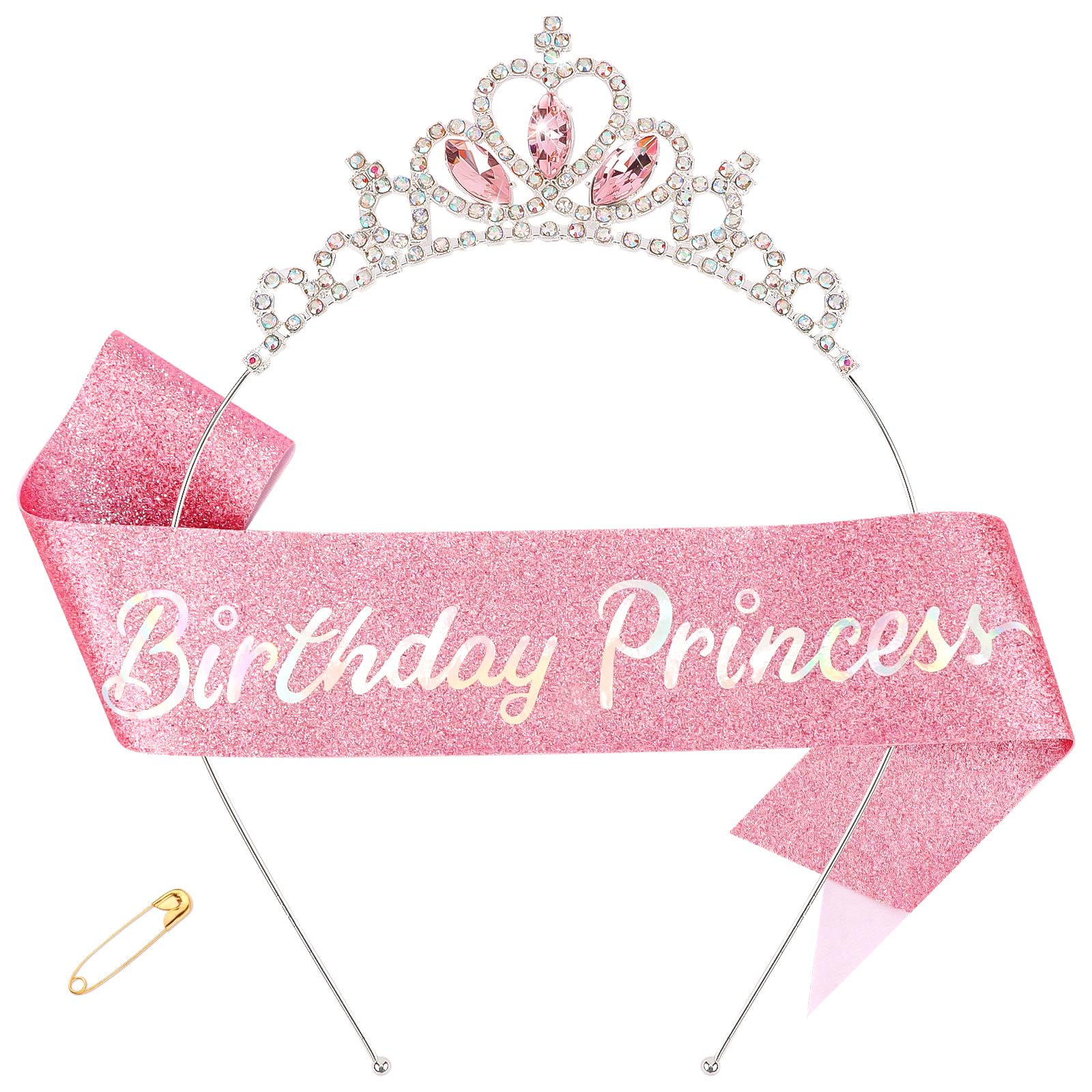 Chanaco Birthday Princess Sash, Tiara and Headband Set - Pink Girl's Party Decorations