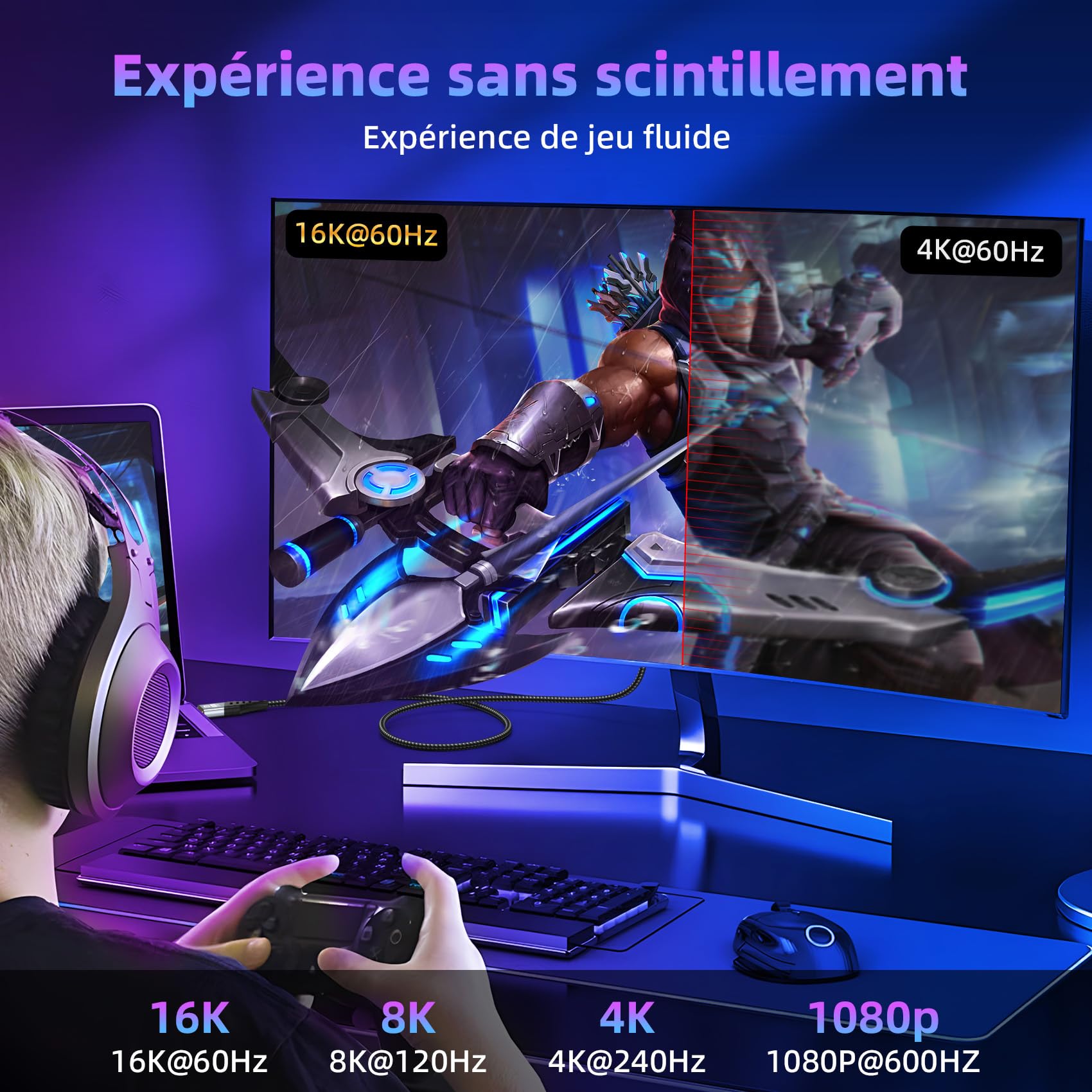 Câble DisplayPort 2m 2.1, 16K Câble DP 16K@60Hz, 8K@120Hz, 4K@240Hz/165Hz/144Hz 80Gbps, HDR, FreeSync, G-Sync, DSC 1.2a, HDCP 2.2 pour Moniteur de Jeu, Carte Graphique