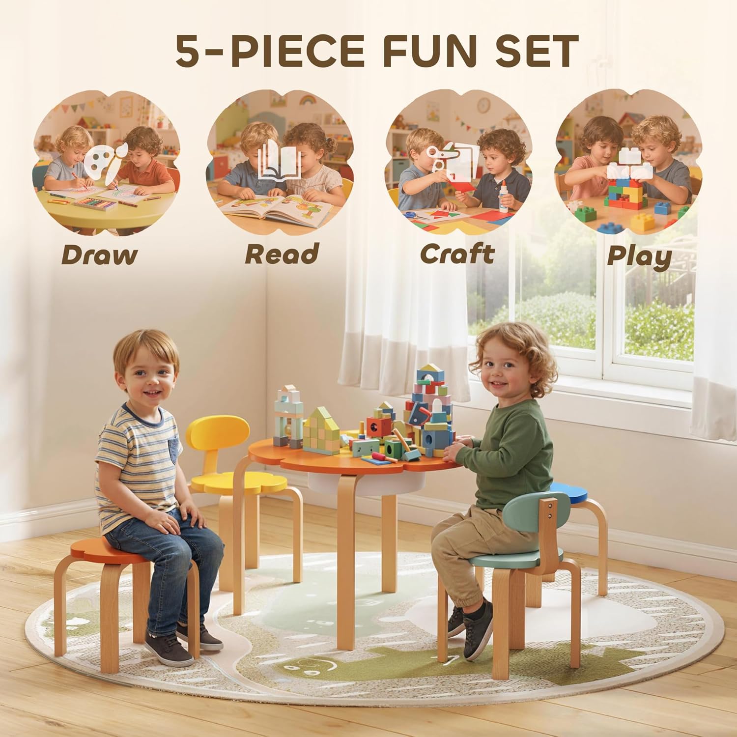 Qaba Kids Table and 4 Chairs Set, 5 Piece Wooden Toddler Table and Chair Set with Built-in Storage, Flower-Shape Activity Table for Children Drawing Reading Art Craft, for Playroom, Nursery, Classroom