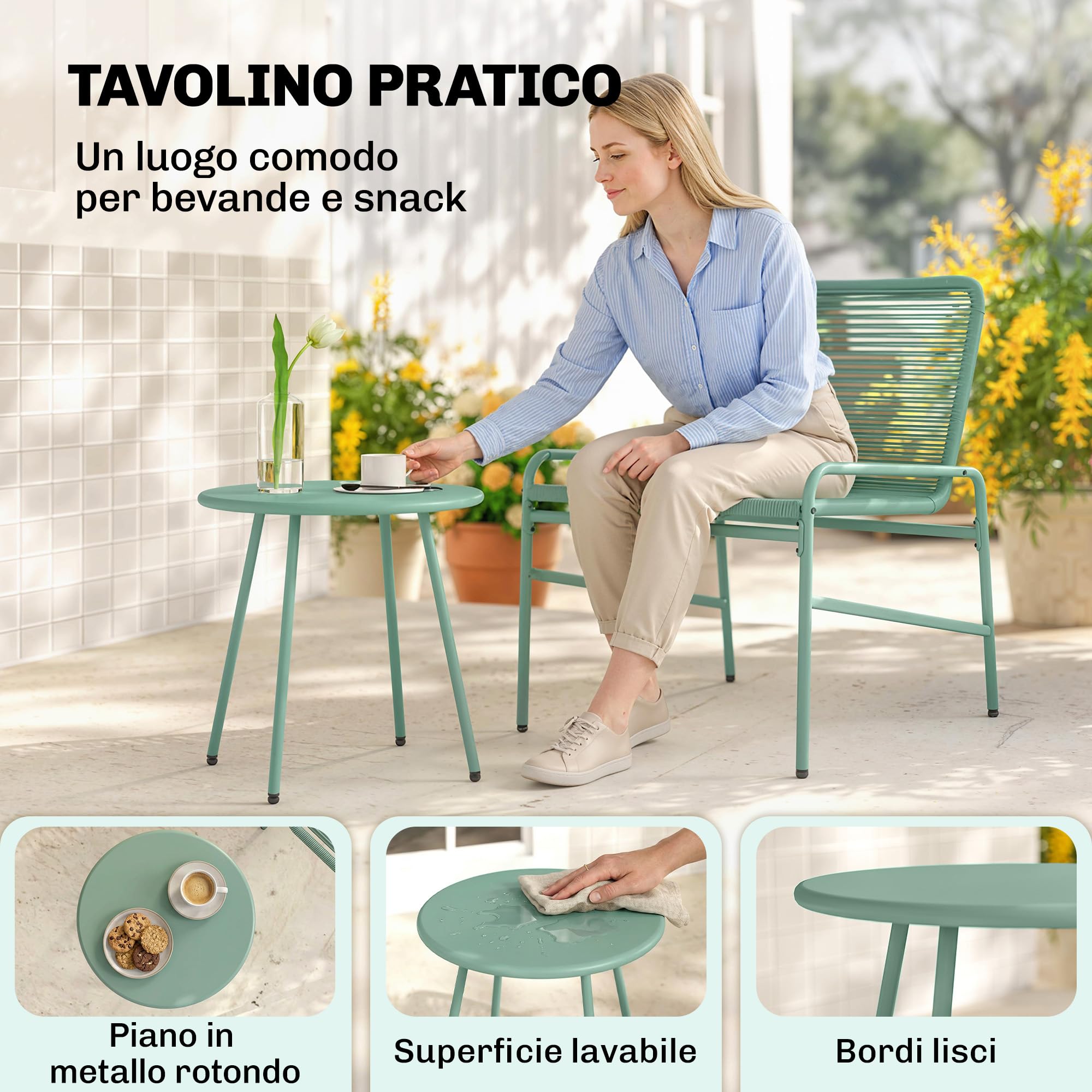 Outsunny Set da Bistrò in Rattan da 3 Pezzi, Set da Giardino con 2 Sedie, Tavolo Rotondo con Piano Metallo, Set di Mobili da Giardino Struttura in Acciaio Zincato, per Patio Balcone Terrazzo, Verde