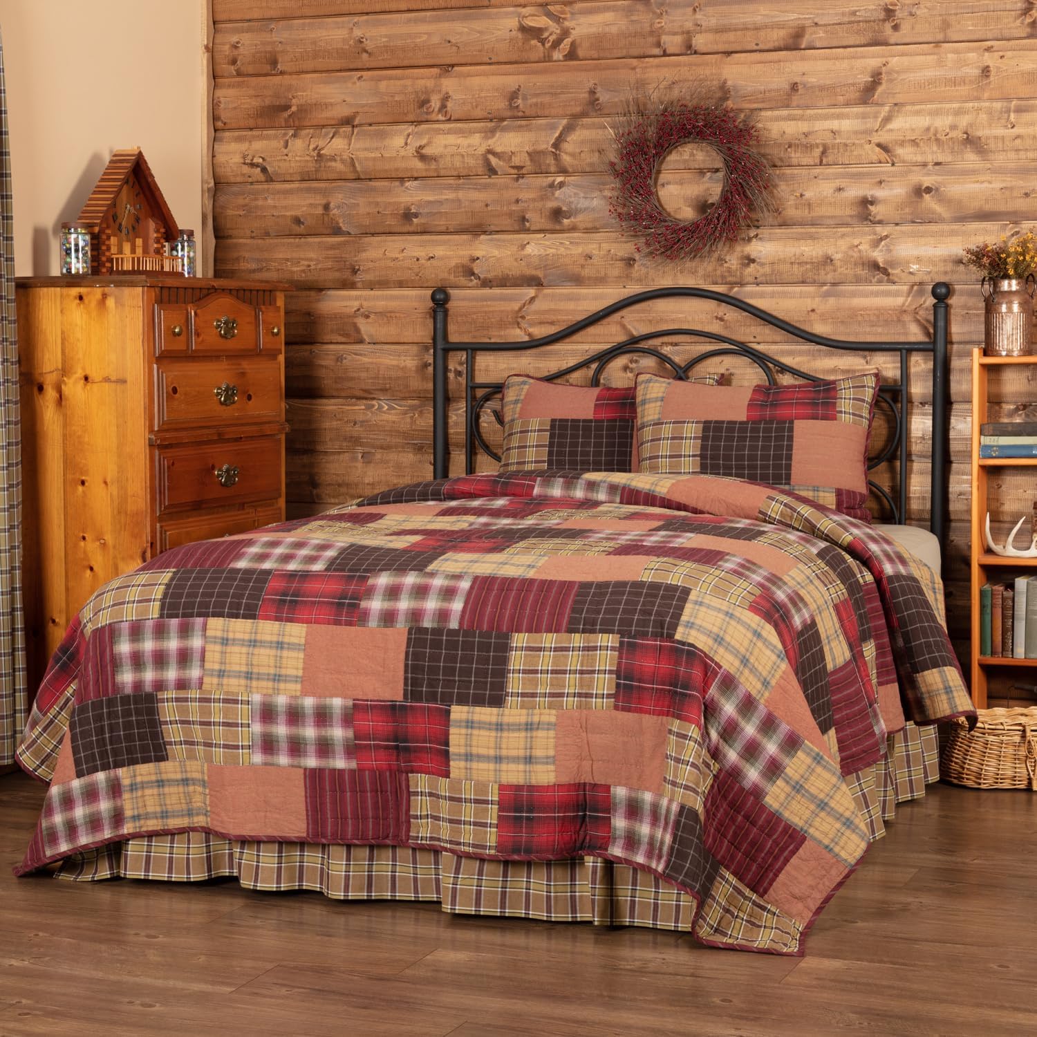 VHC Brands Wyatt Plaid Cotton Rustic Pre-Washed Square Quilt Sham Queen Bedding Accessory, Set, Patchwork Tan