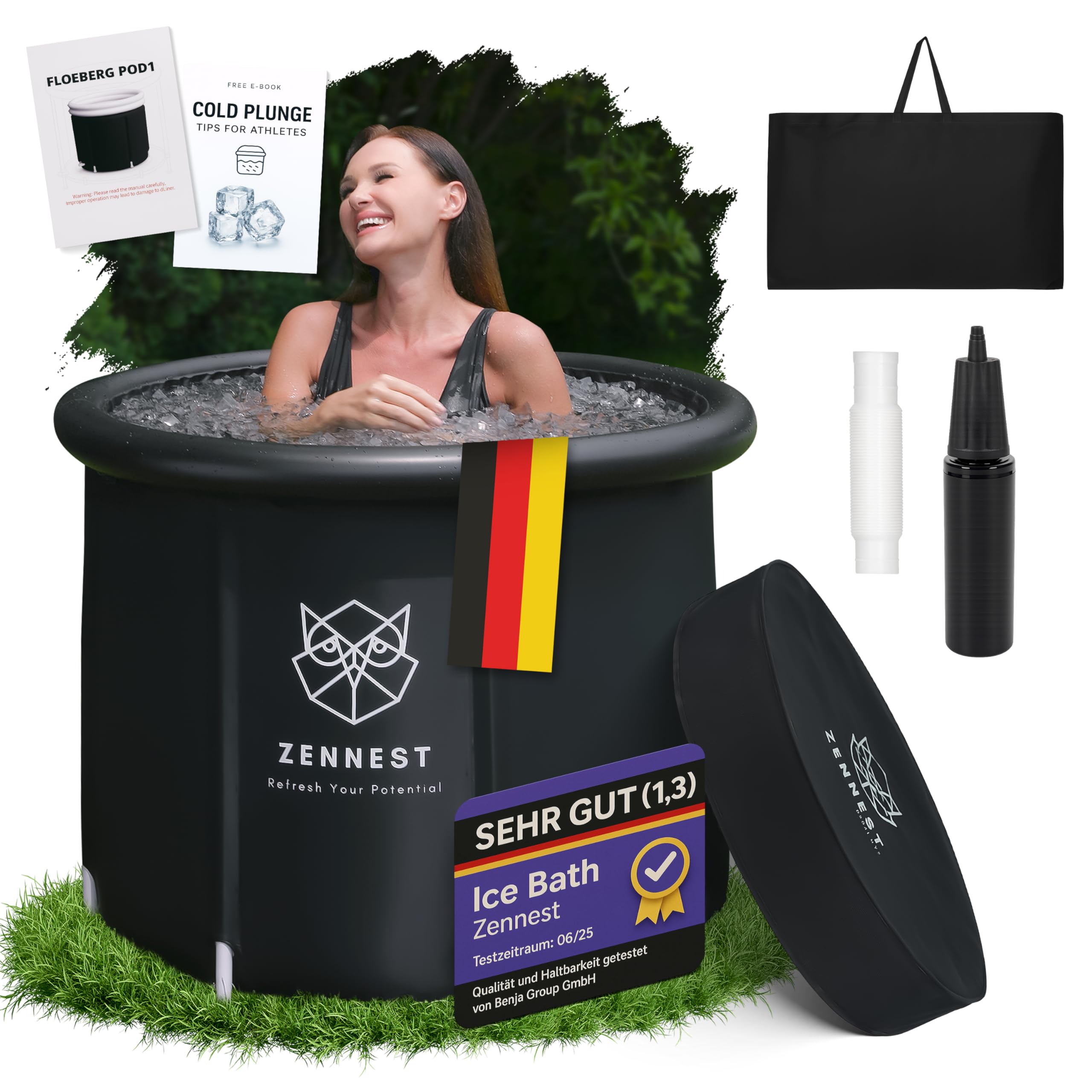 Vasca Ghiaccio 90 cm – XL Ice Bath Esterno con Isolamento a 6 Strati, Vasca Gonfiabile per Doccia Adulti, Portatile Ice Tub per Crioterapia e Ingegneria Tedesca, eBook Incluso