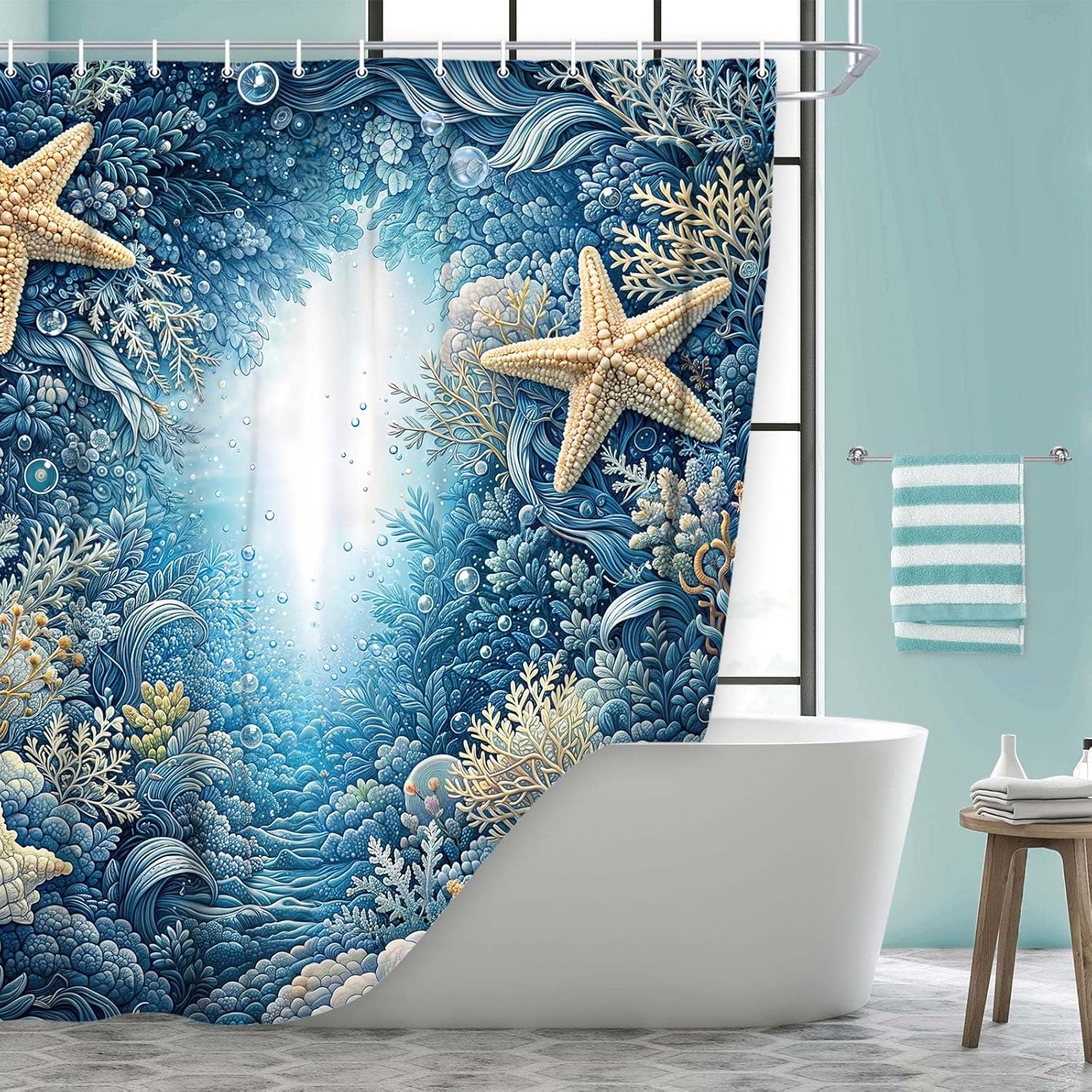 Teal Ocean Coral Starfish Nautical Shower Curtain, Blue Underwater Sea Life Waterproof Fabric Bath Curtain, Nautical Beach Coastal Bathroom Decor for Bathtub & Shower Stall 70X75IN