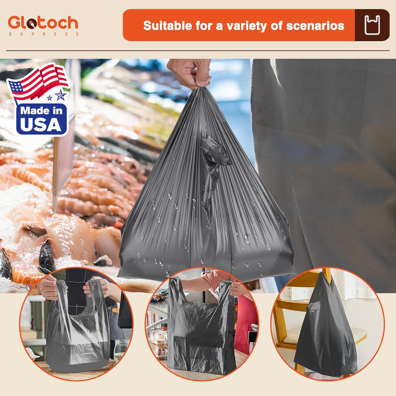 Glotoch 1000 Count - Plastic T-shirt Bags Grey (Plain), 11.5" x 6.5" x 21" Grocery Bags with Handles for Restaurant, Retail, Grocery Store, Takeout, Convenience Stores, Shopping Bag in Bulk - Image 3