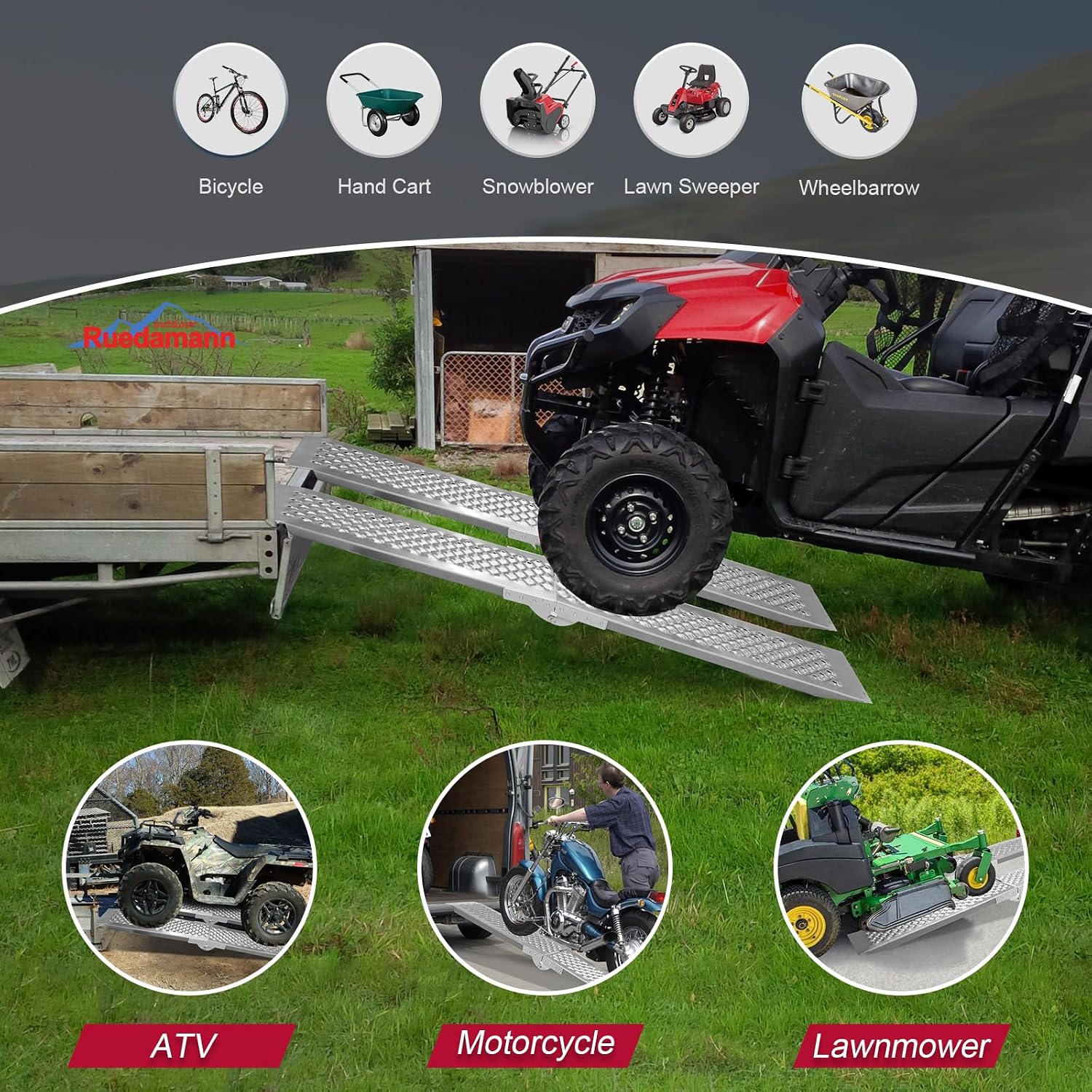 Ruedamann 5FT 2Pcs Aluminum Shed Ramp, 9" W Folding Powersports Loading Ramp, 880Lba/PR Capacity, Riding Lawn Mower, Ebike, ATV, UTV, Dirt Bike, Motorcycle Ramp for Pickup Truck Trailers Bed Shed