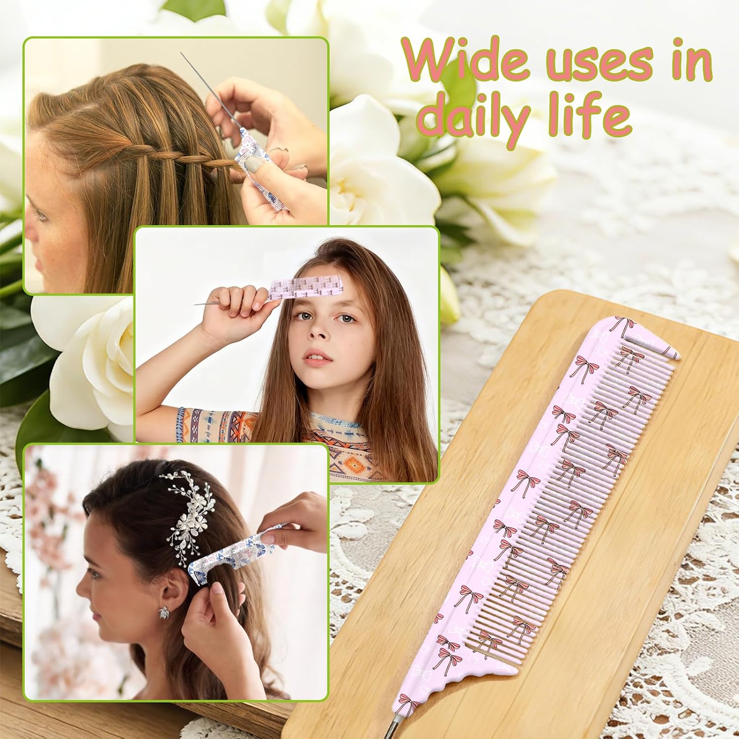 2PCS Rat Tail Comb,Slender Pointed Tail for Precise Parting,Fine Dense Smooth Teeth,Cute Design,Perfect Hair Styling Tool for Women,Men and Girls (SW15-Butterfly Bow) image 5