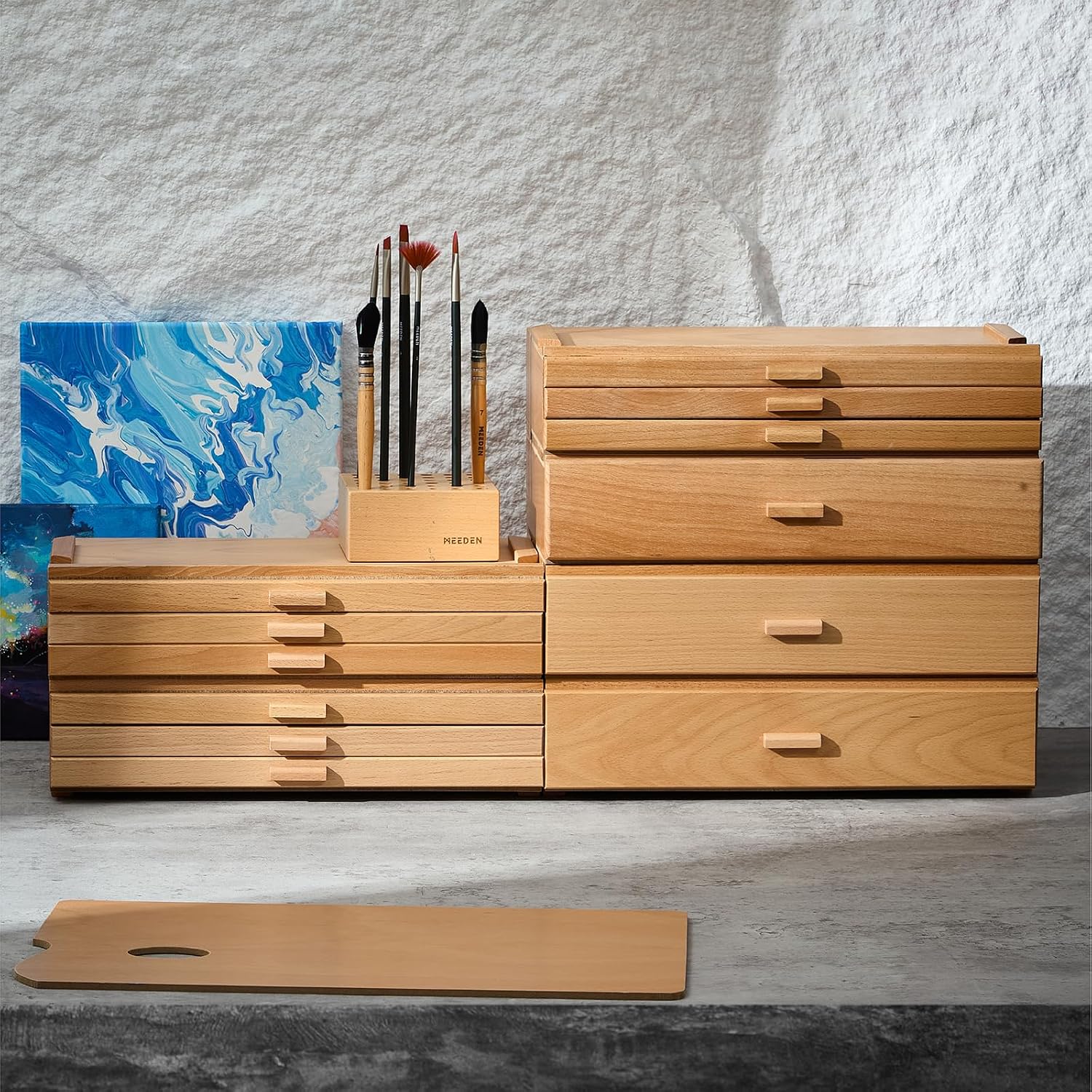 MEEDEN Artist Supply Organizer Box: 1-Tier Solid Beech Wood Art Box for Artist Supplies with Removable Dividers-Tool Storage Painting Supply Drawer Box