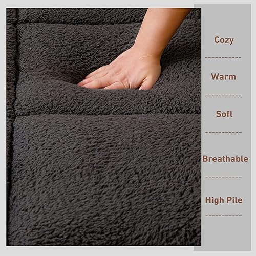 Miniatura 4 de YOSHOOT Colchón de futón japonés de forro polar de invierno, tamaño matrimonial, gris, grueso, esponjoso, reversible, lanudo para invitados,
