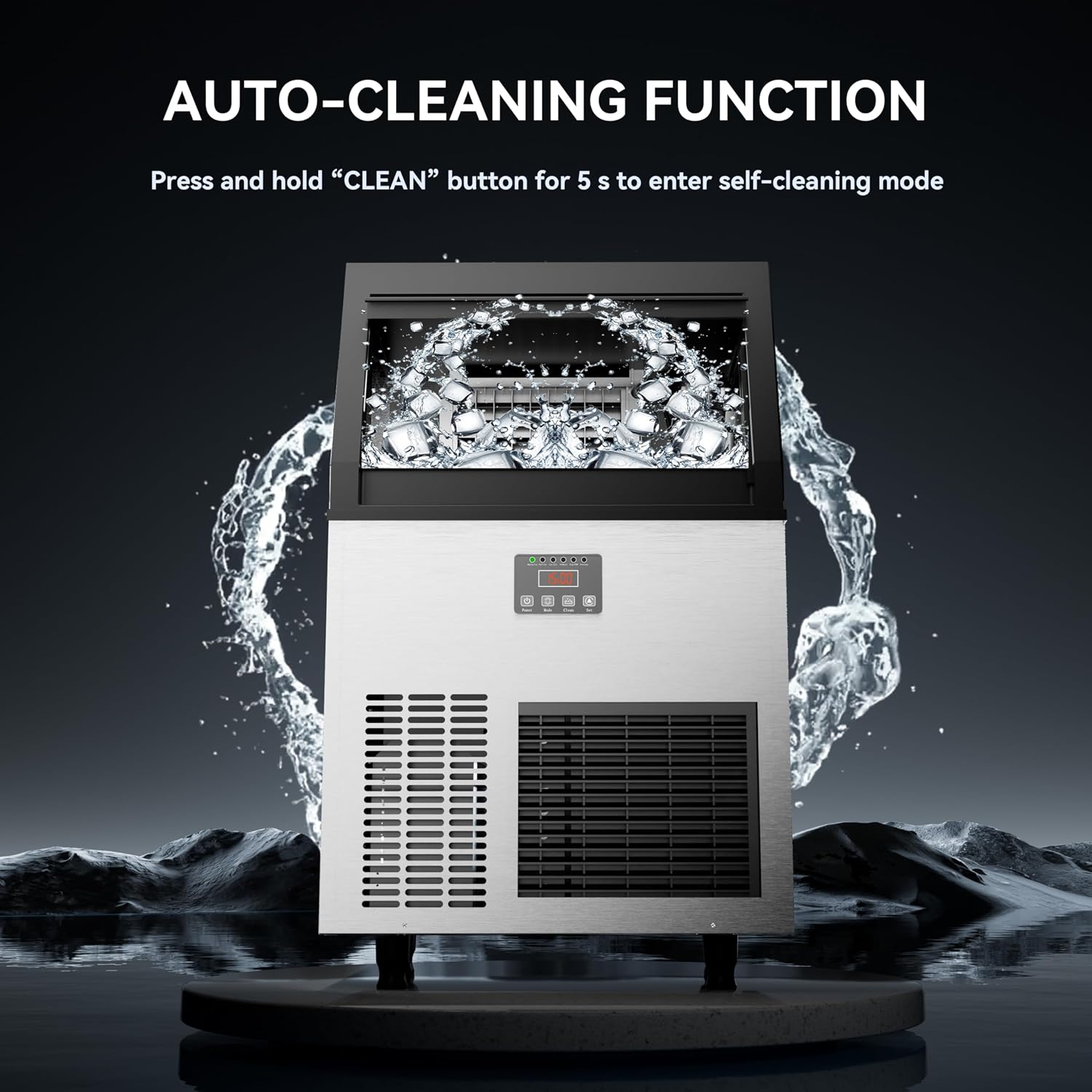 Coolake Commercial Under Counter Ice Maker Machine 100lbs/24H with 33lbs Ice Storage, 115V Air Cooled Stainless Steel Self Cleaning Freestanding Ice Maker for Home Bar