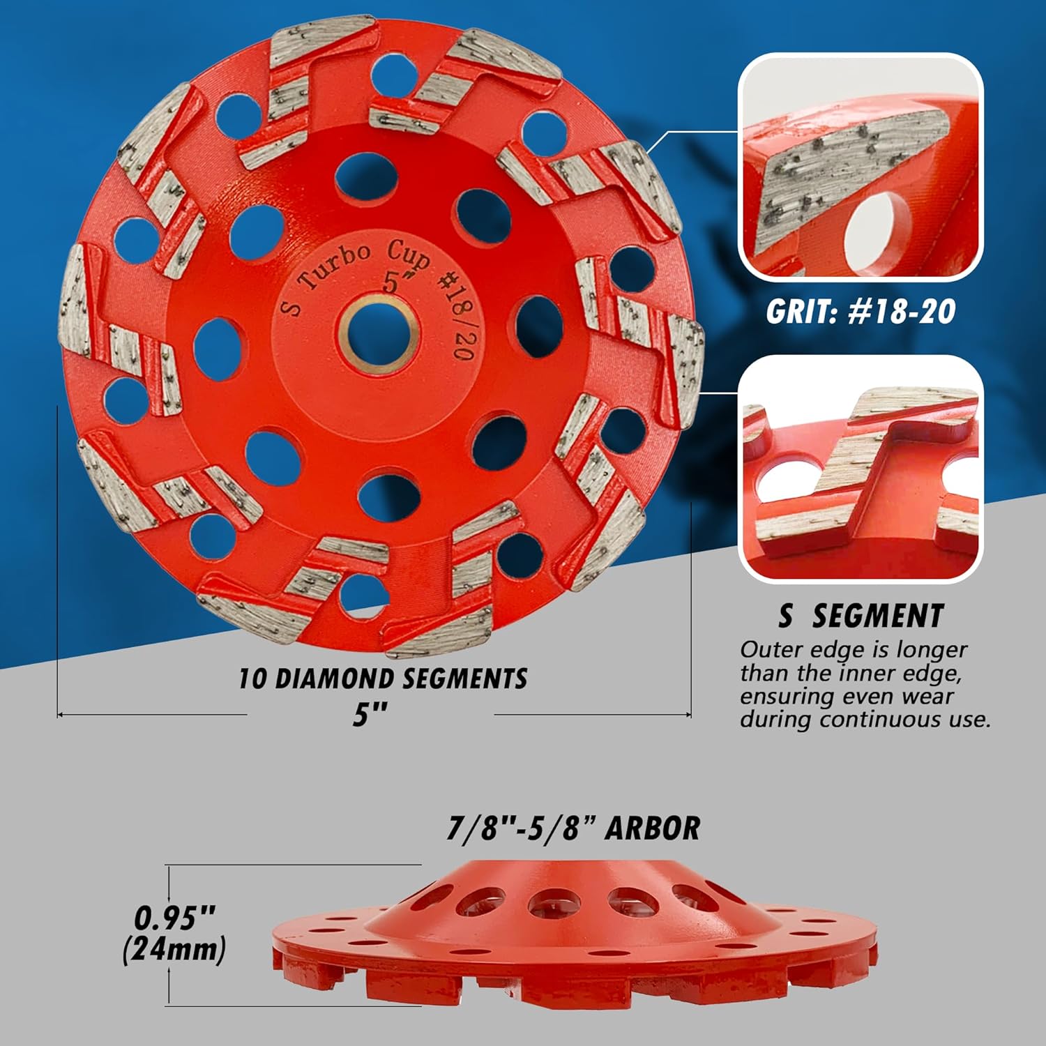 5" High Performance Diamond Grinding Wheels for Aggressive Concrete, Paint, Epoxy, Mastic, Coating Removal, #18/20 Grit, S Segments, 7/8"-5/8" Arbor