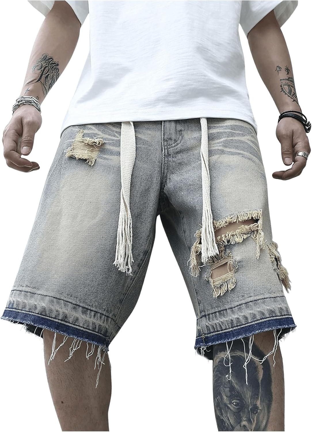 WDIRARA Men's Ripped Distressed Denim Shorts Frayed Hem Wide Leg Jeans Shorts Streetwear