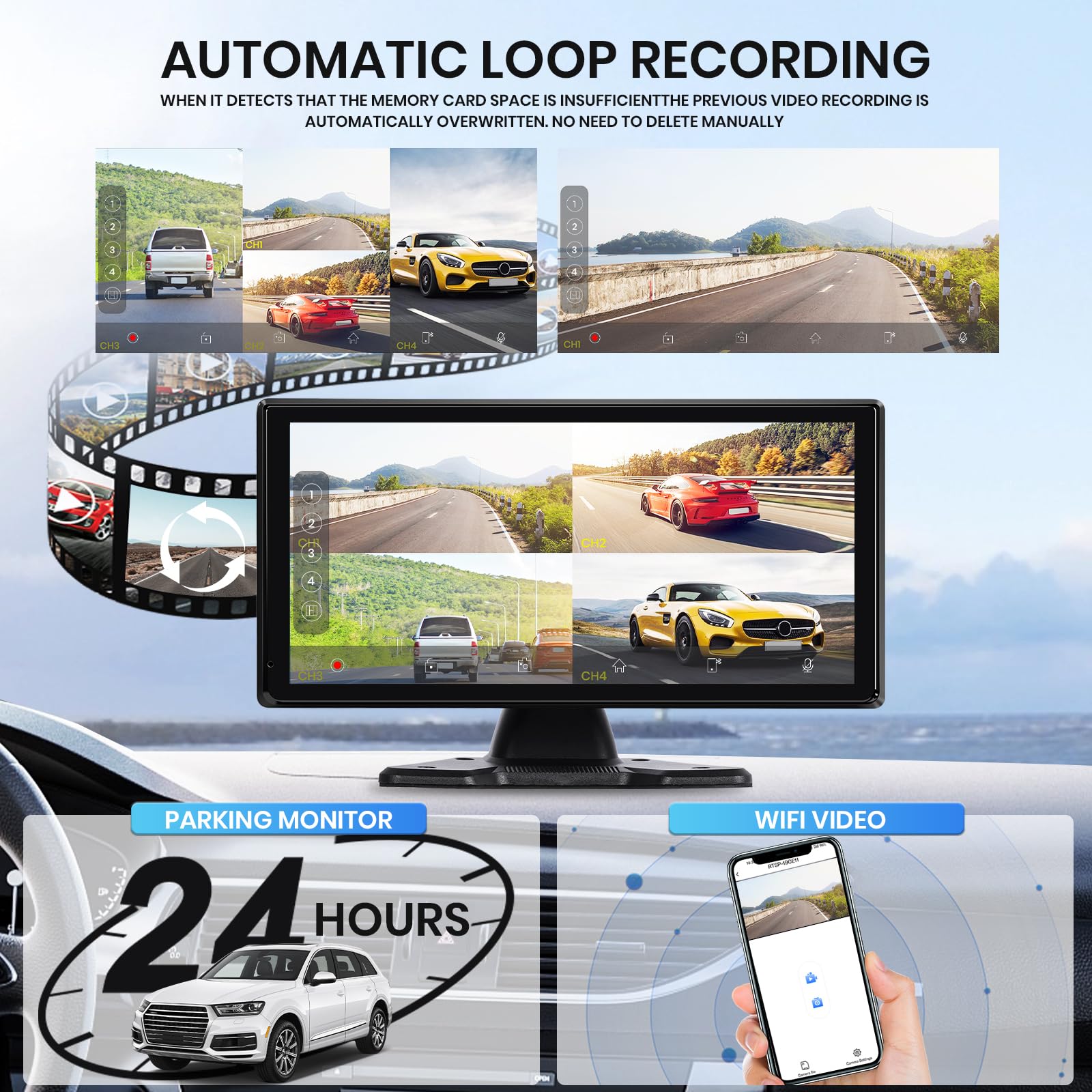 Hodozzy Kit Caméra de Recul 4K avec 4 Caméra AHD Filaire, CarPlay sans Fil Android Auto, Voiture Écran Tactile 10,36 Pouces 4 Split Moniteur, Bluetooth, FM Loop Recording USB/TF Écran CarPlay