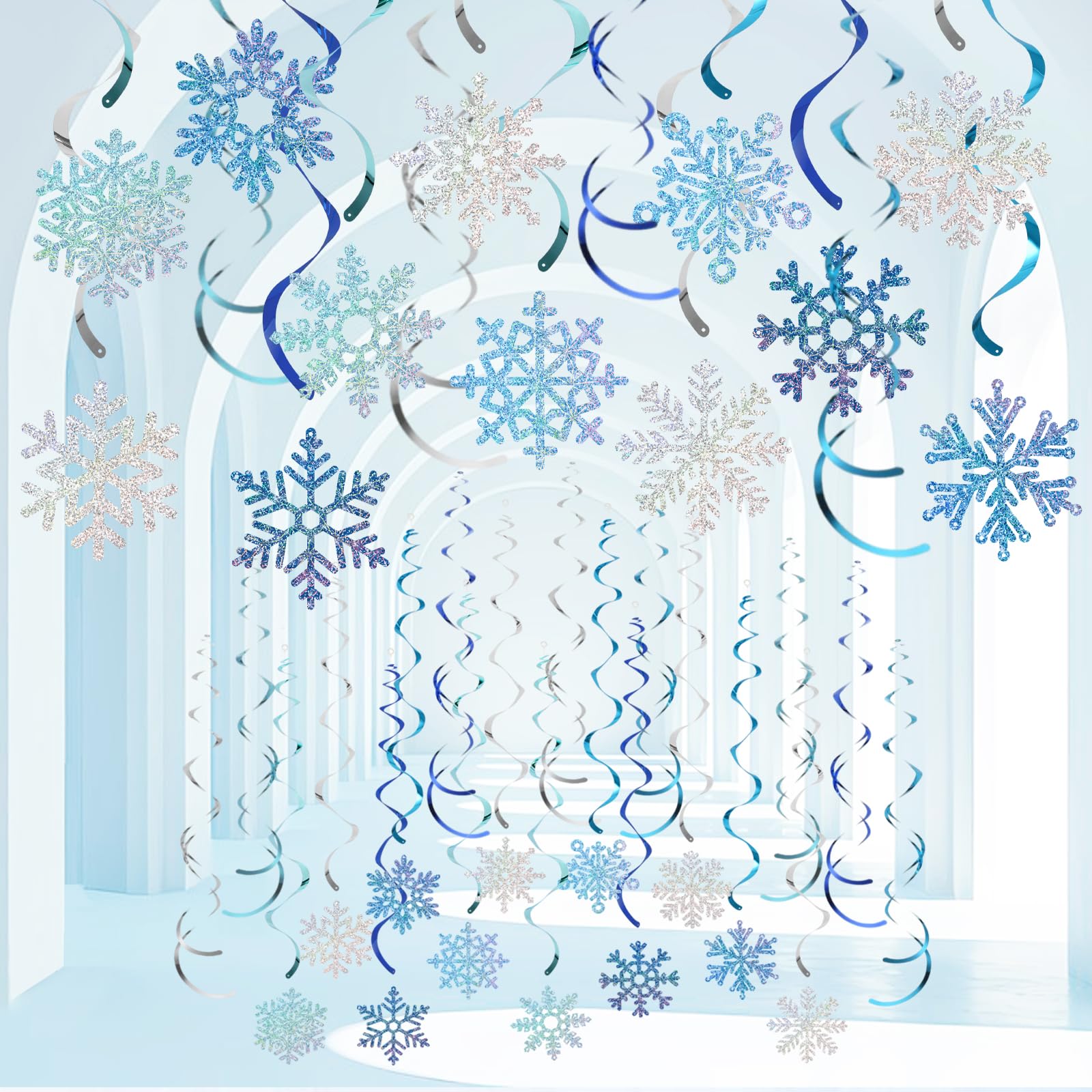 36pcs Glittery Winter Snowflake Hanging Swirl Decoration Christmas Ceiling Streamers Decor Double-Sided Snowflake Swirl for Winter Holiday Birthday Baby Shower Xmas New Year Wedding Party Supplies