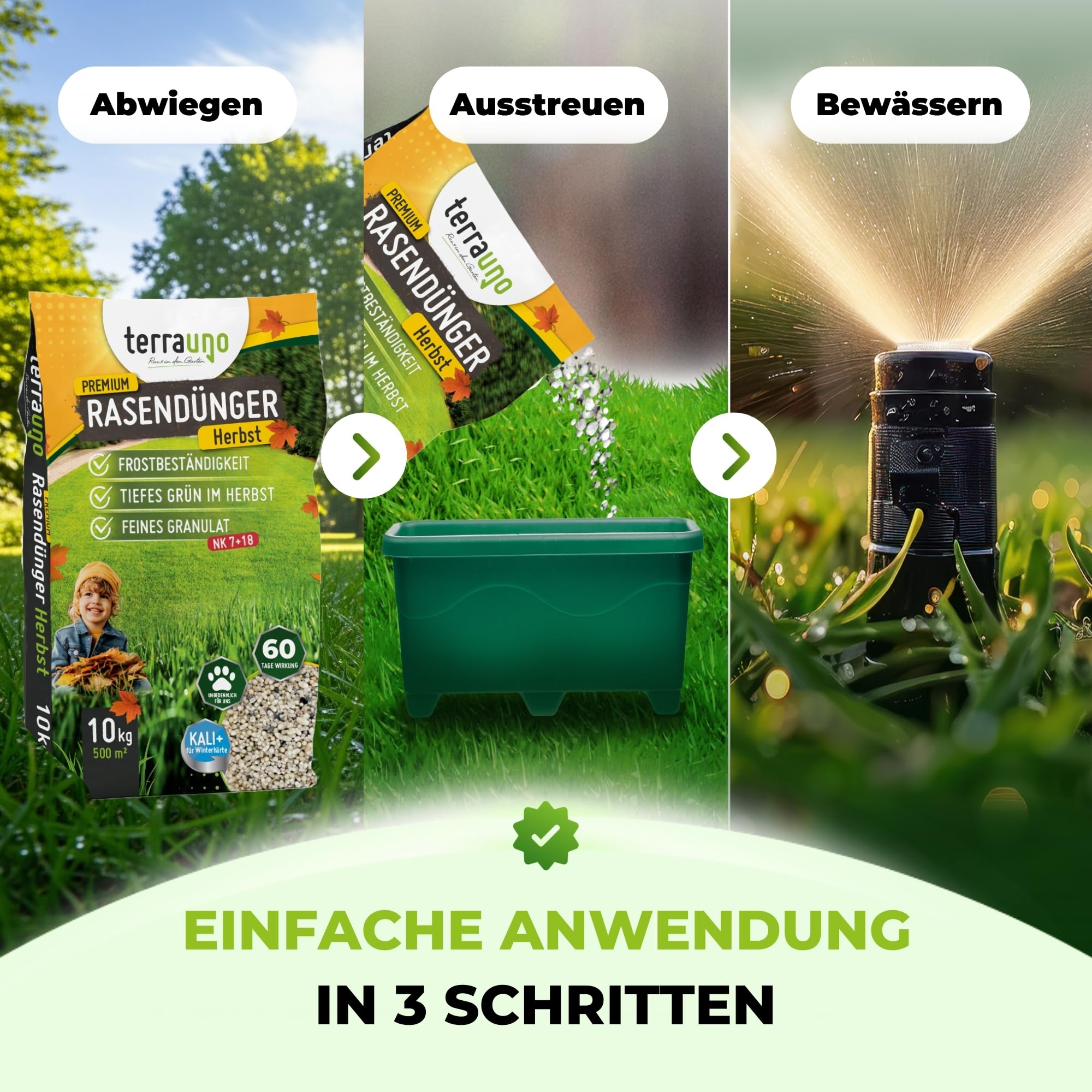 TerraUno Premium Herbstdünger Rasen, gesunder Rasen verdrängt Moos & Unkraut, Rasendünger Herbst mit 60 Tage Langzeitwirkung, 20 kg für 1000 m², Herbstrasendünger, Sofortwirkung, extra starkes Grün