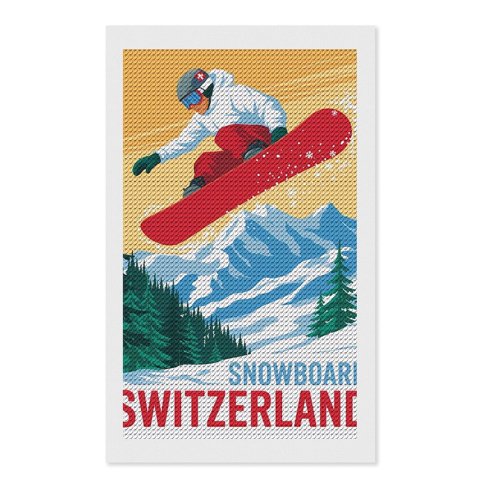 Junmoney Snowboard Switzerland Vintage Travel DIY Diamond Art Canvas Kit 12"x20", Simple to Start, Fun Craft Experience, Modern Decor, Gift Idea, Adhesive Canvas