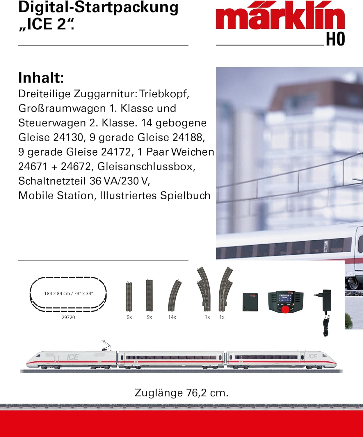 Schéma znázorňující všechny komponenty obsažené v sadě Märklin 29792, včetně vlaku, kolejí, regulátoru a napájecího zdroje.
