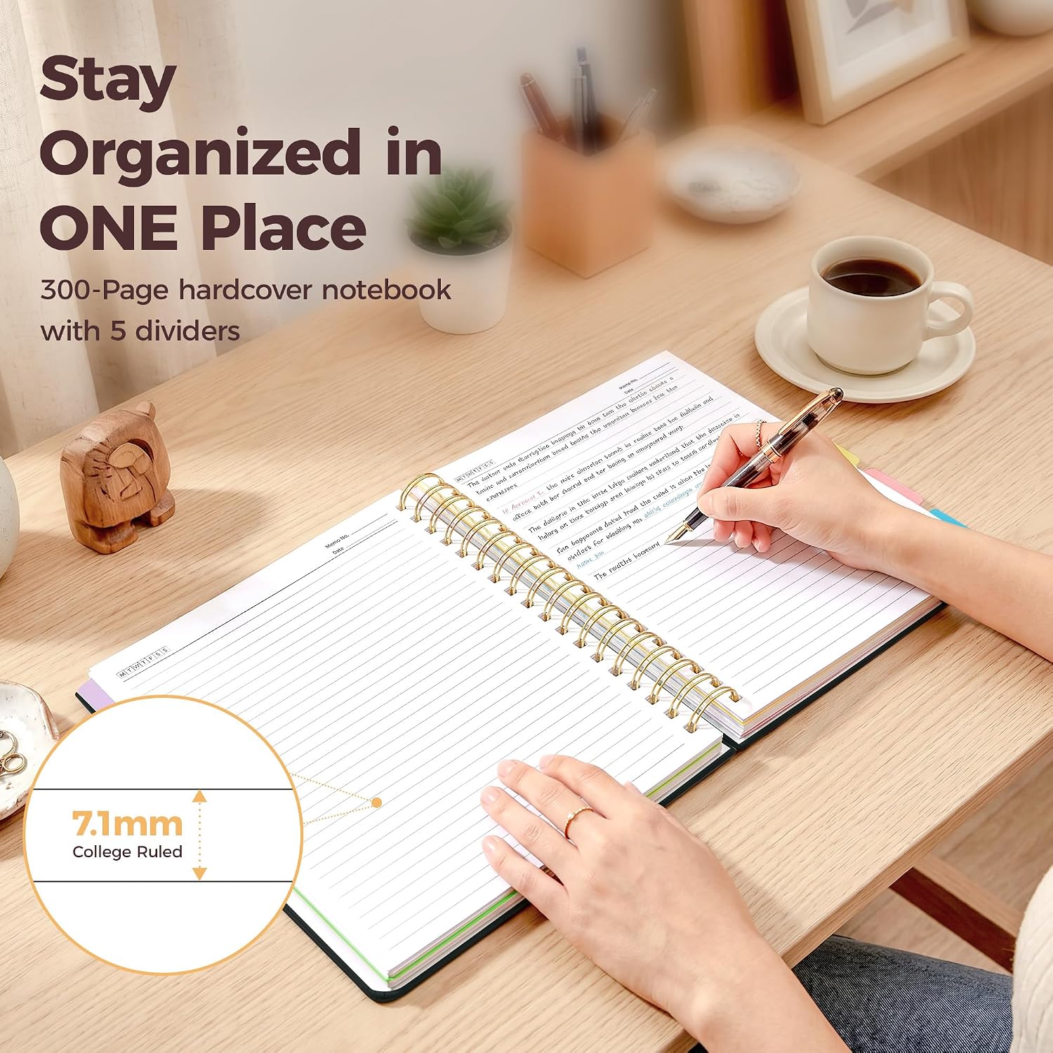 Hardcover Spiral Notebook Journal for Women & Men, Cute 5 Subject Notebook College Ruled for School & Work, Black Journaling Notebooks with Removable Dividers Tabs, 8" x 10", 300 Pages, Night Stars image 2