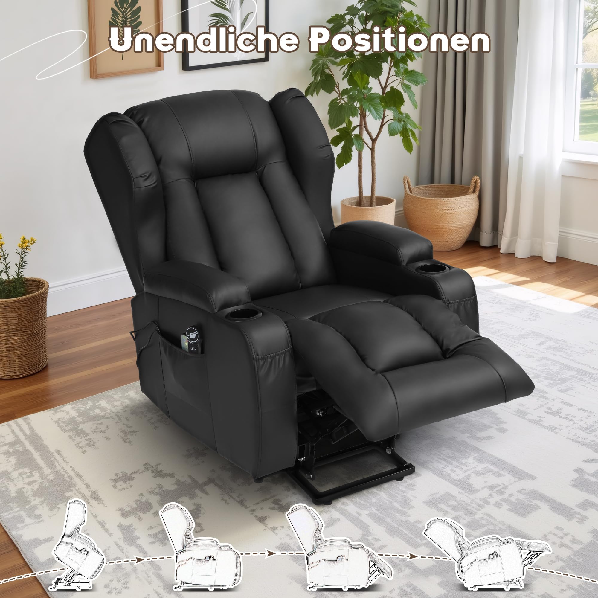 Fernsehsessel mit Aufstehhilfe Elektrisch, Relaxsessel mit Liegefunktion, Massagesessel mit Massage Wärmefunktion Seniorensessel für Senioren, 2 Seitentaschen und Getränkehalters (Schwarz)
