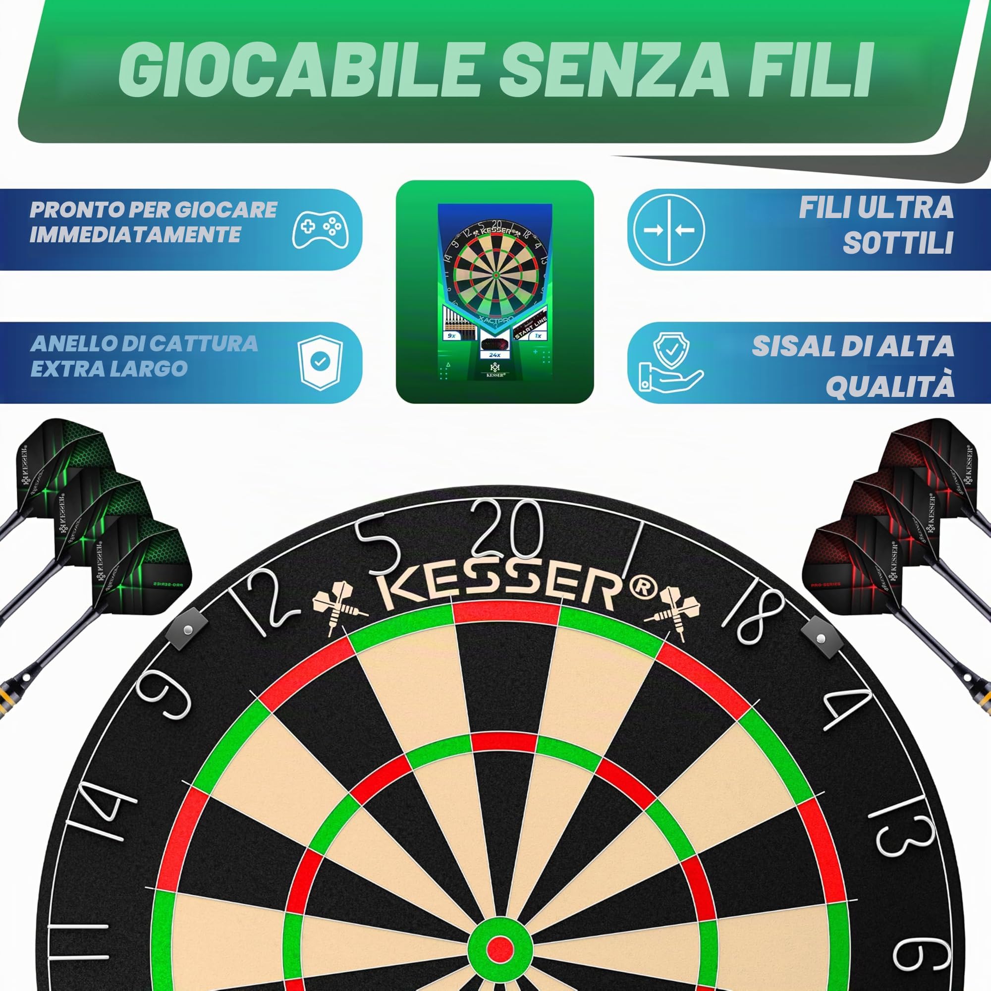 KESSER® Bersaglio in sughero professionale con 9 freccette in acciaio, set