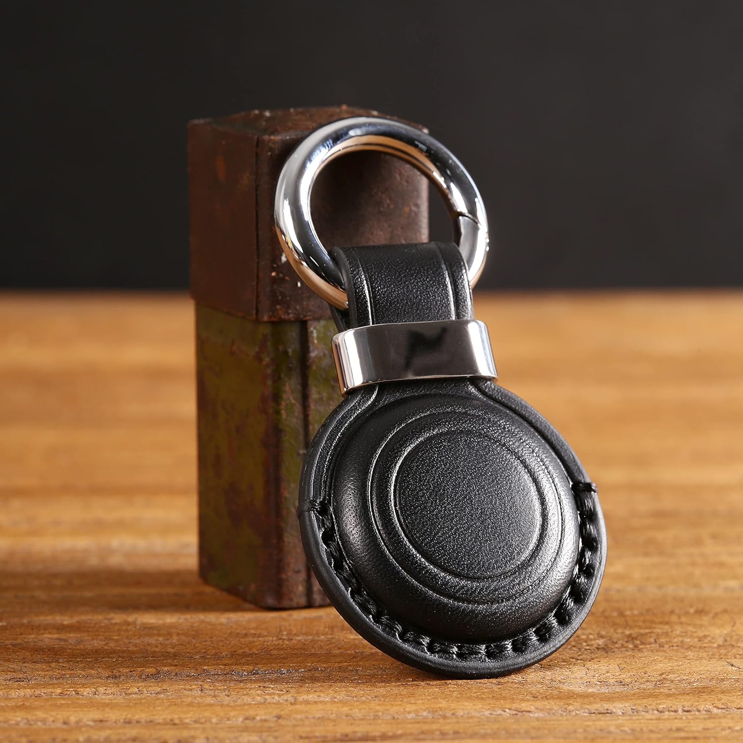 2 Pack KEEPXYZ Genuine Leather Keychain Holder Compatible with Airtag, Secure for Air Tag Keychain Holder Case Cover Key Chain Ring Accessories - Black V2.0