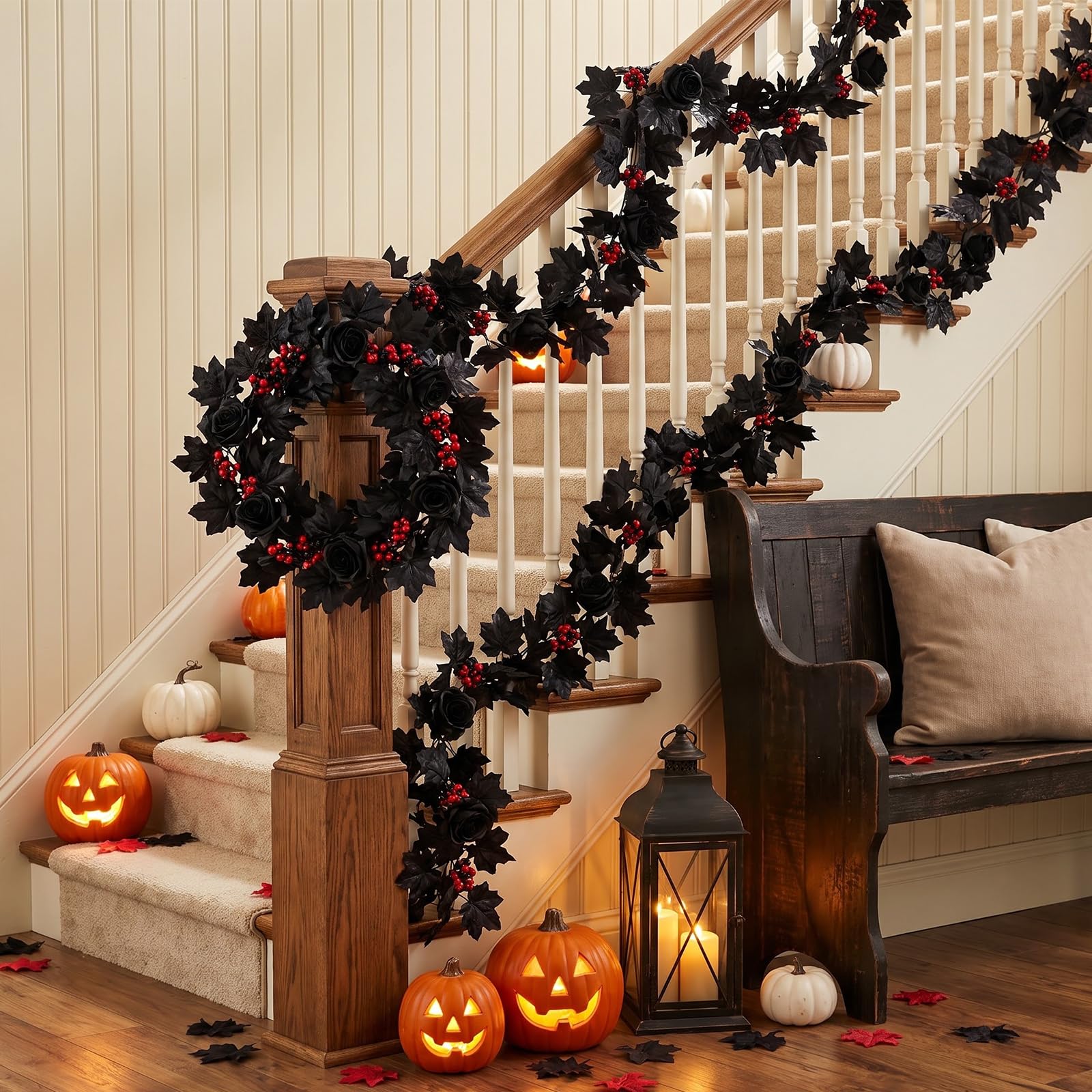 4 Pezzi 1,7 m Ghirlanda Halloween Nera con Foglie Autunnali e Rose