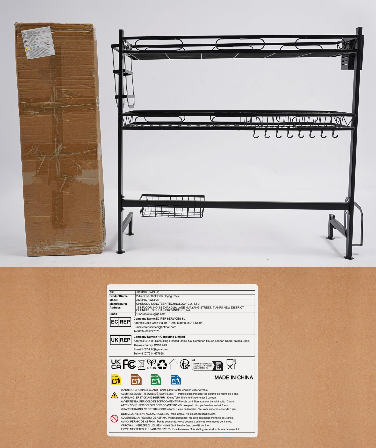 Geschirr Abtropfgestell Über Spüle 2 Ebenen 10 Kg Pro Ebene Karbonstahl Mit Messerhalter Schneidebrettablage Besteckkorb Haken Verstellbare Anti-Rutsch-Saugnäpfe 2 Breiten Wählbar 62cm (82cm)