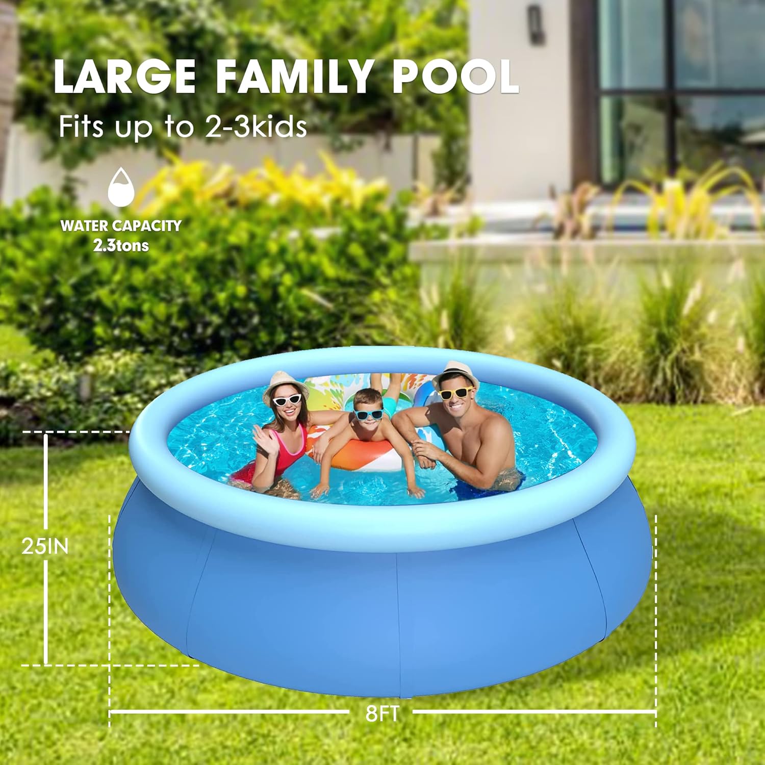 Inflatable Swimming Pool, Swimming Pool for Adults, Inflatable Top Ring Pool, Blow Up Pool for Kids, Family Pools for Backyard, Above Ground Pool (Medium (8 ft X 25”)
