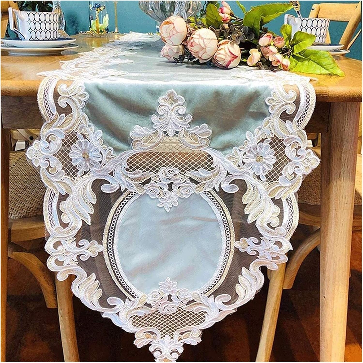 Table Runners White Classy for Rustic Boho Party Bridal Shower Party Decorations Rose European Embroidered Reception Table Runners Decor Gourmet Dressing (Beige 38*160CM)