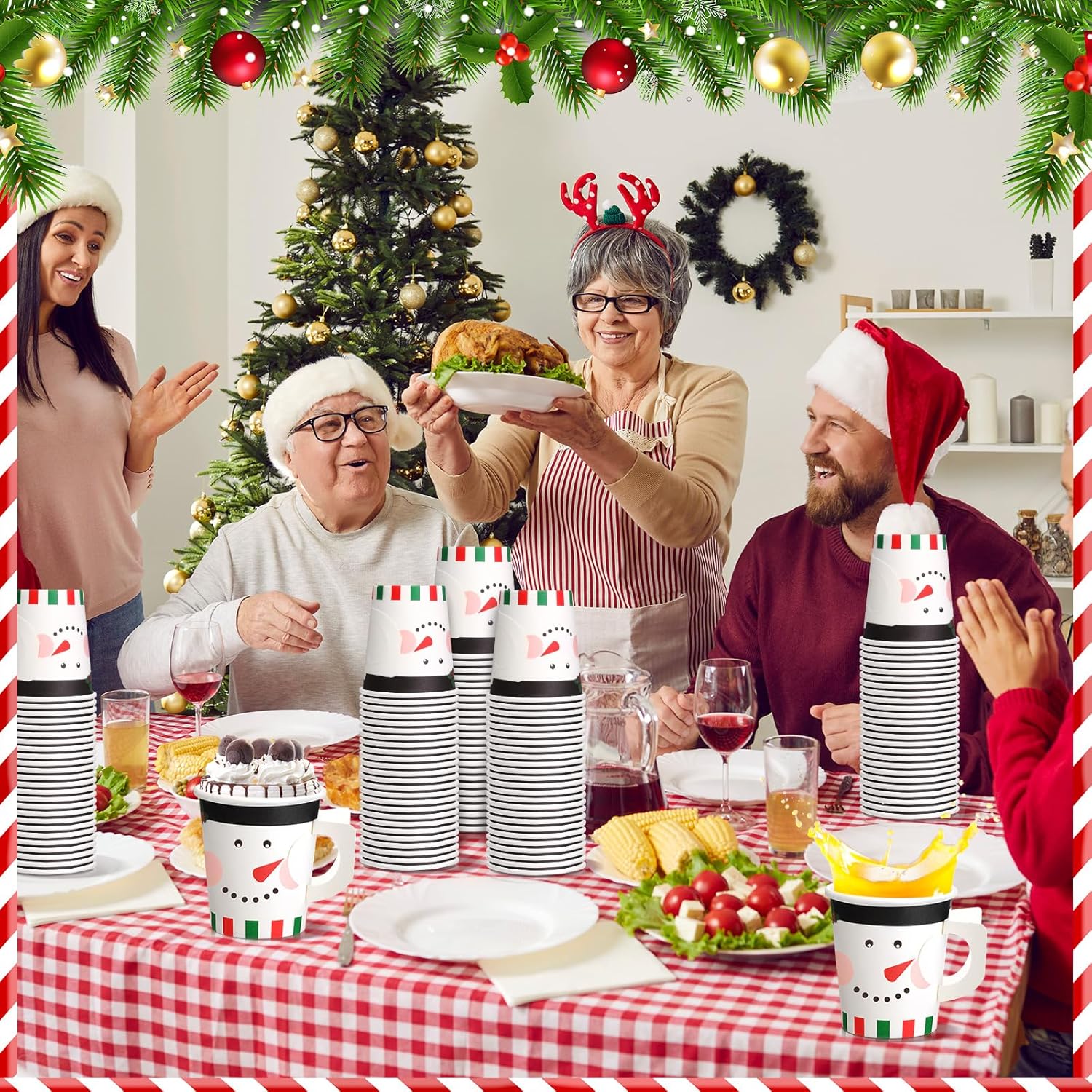 Maxcheck 100 Pieces Christmas Paper Cups with Handle 7 oz Holiday Disposable Cups Drinking Hot Chocolate Coffee Cup for Xmas Daily Use Bar Accessories Party Decoration (Snowman)
